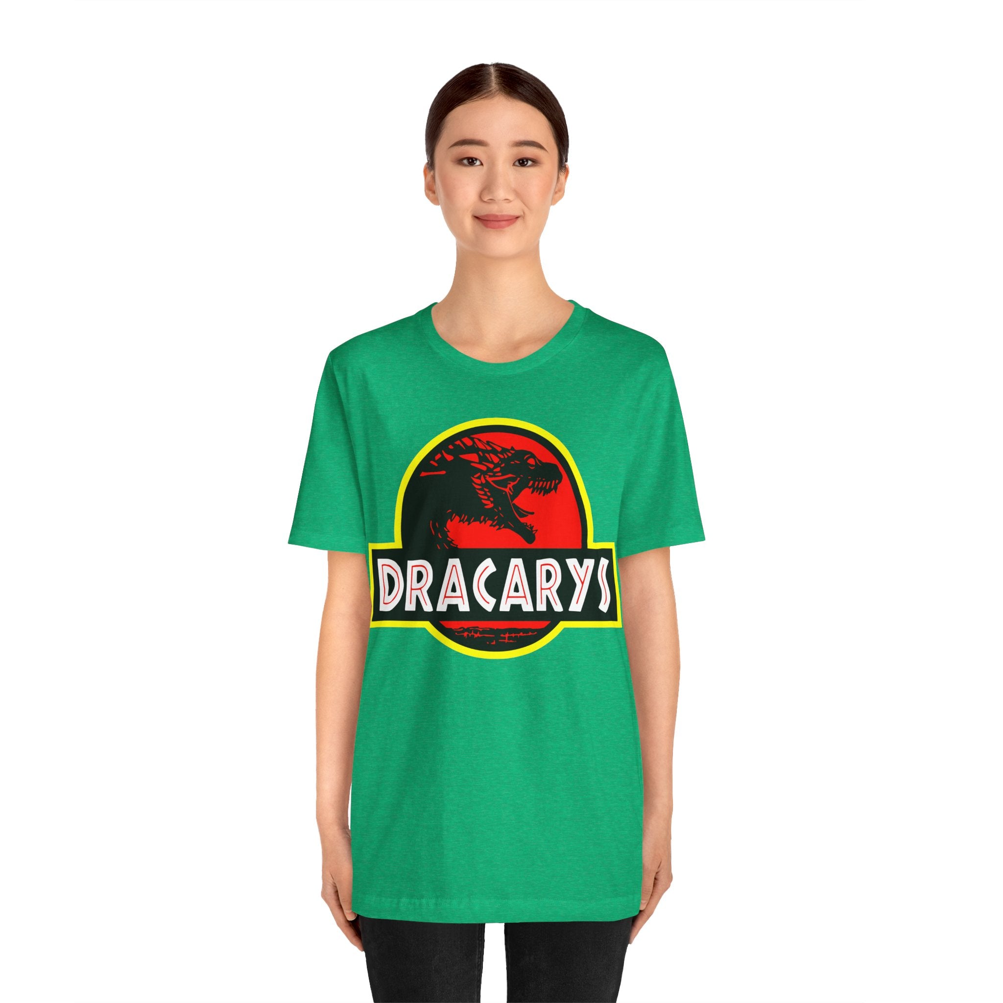 Young woman wearing a green Dracarys T-Shirt with a red dragon emblem design.