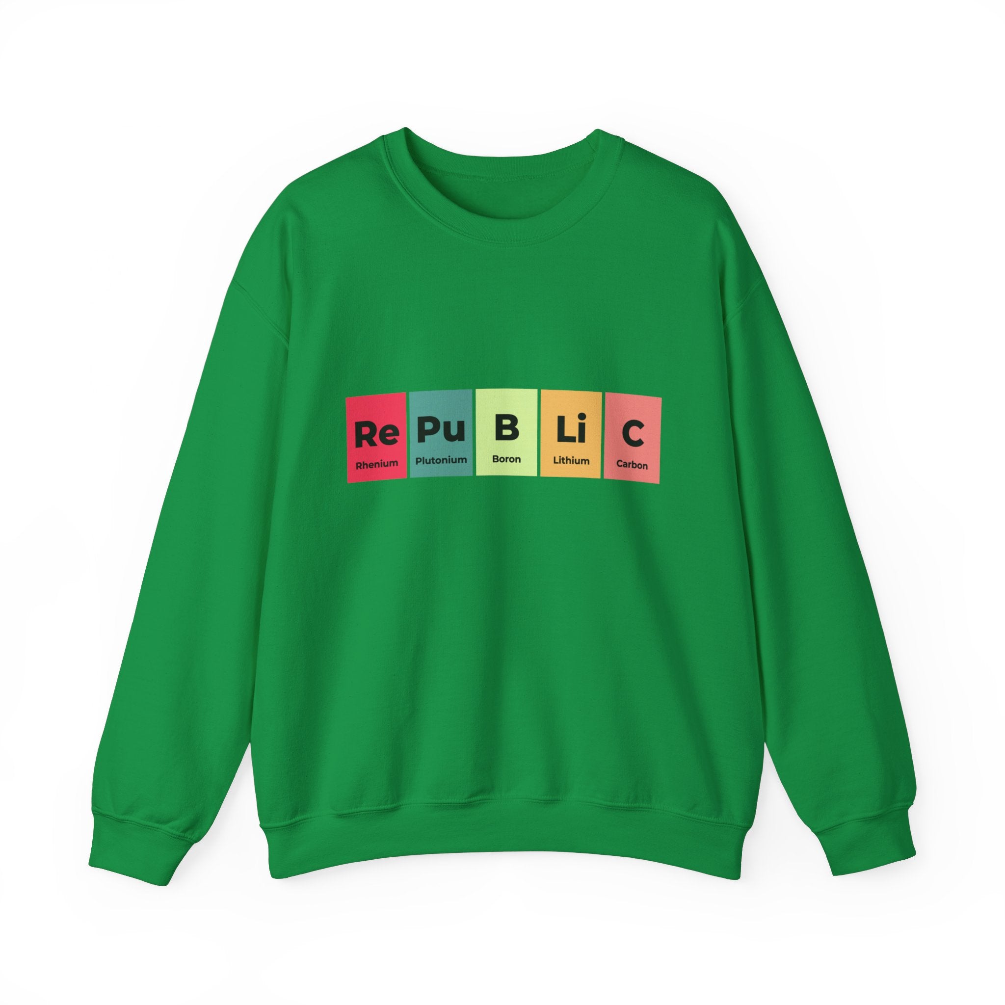 Republic - Sweatshirt in green with colorful periodic table elements spelling "Republic" on the front, perfect for winter fashion.