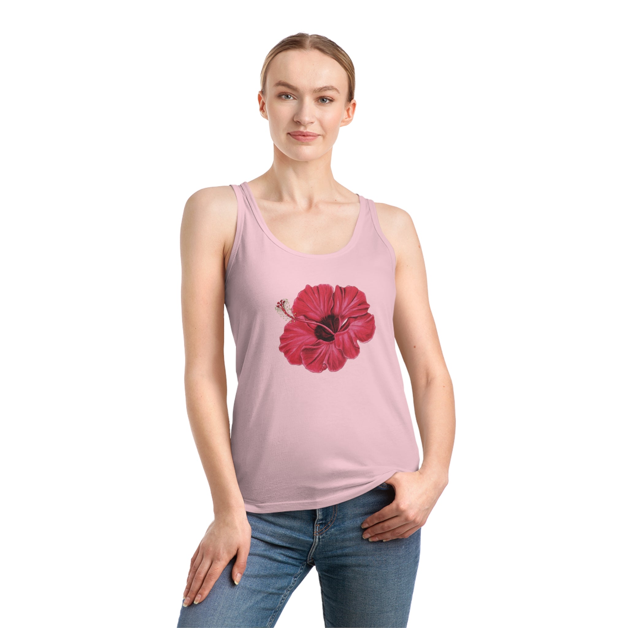 Person wearing the Flower Red Tank Top, featuring a large red hibiscus design, while standing with hands on hips.