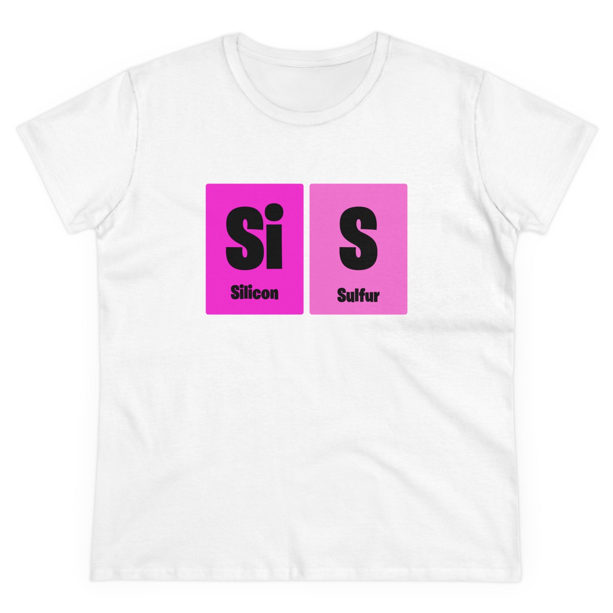 A cozy fashion Si-S Light Pendant - Women's Tee featuring a white design with pink periodic table element blocks for Silicon (Si) and Sulfur (S).