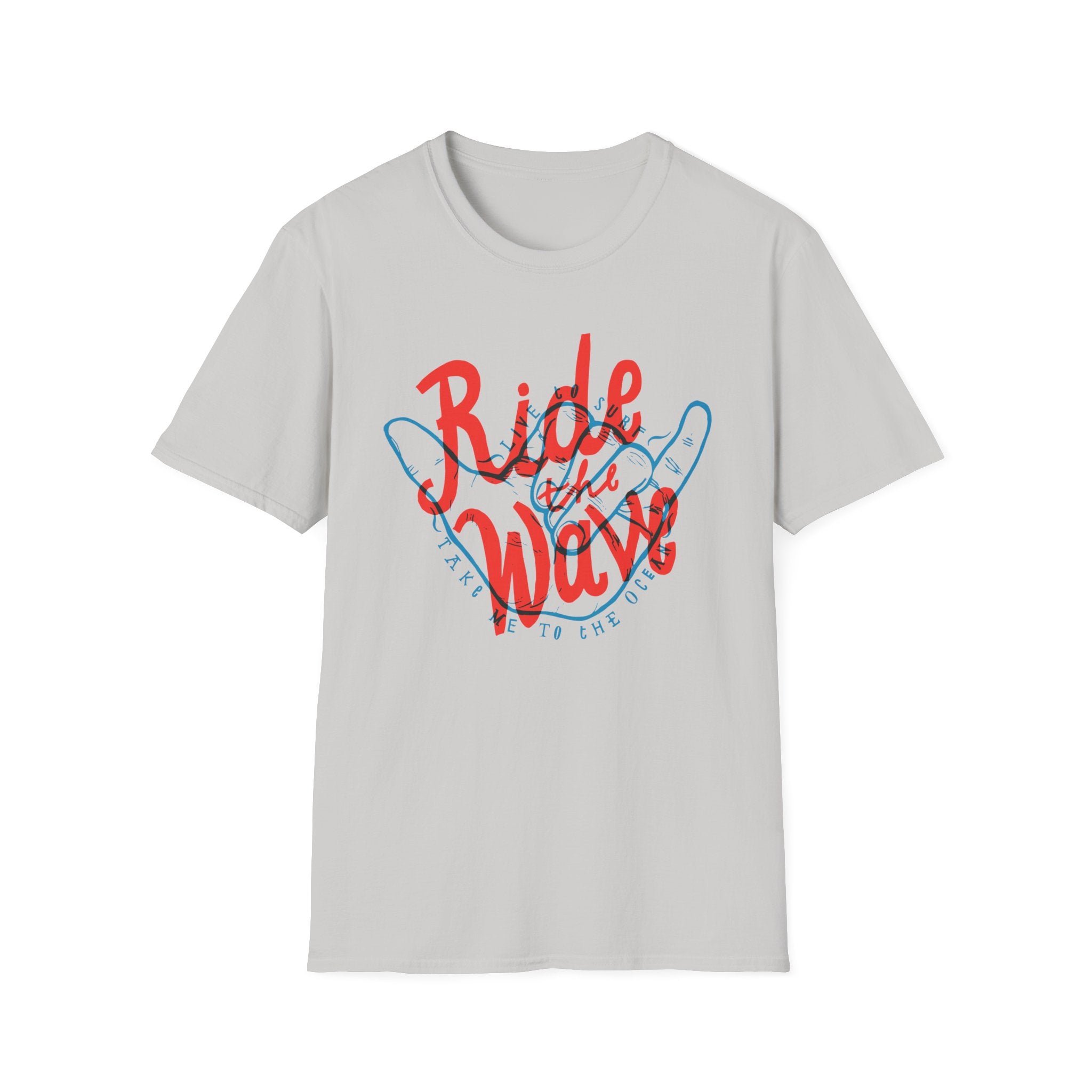 Gray cotton Ride the Wave T-Shirt showcasing a red and blue graphic with the words "Take Me to the Ocean" in a curved design. Ideal for when surf's up!