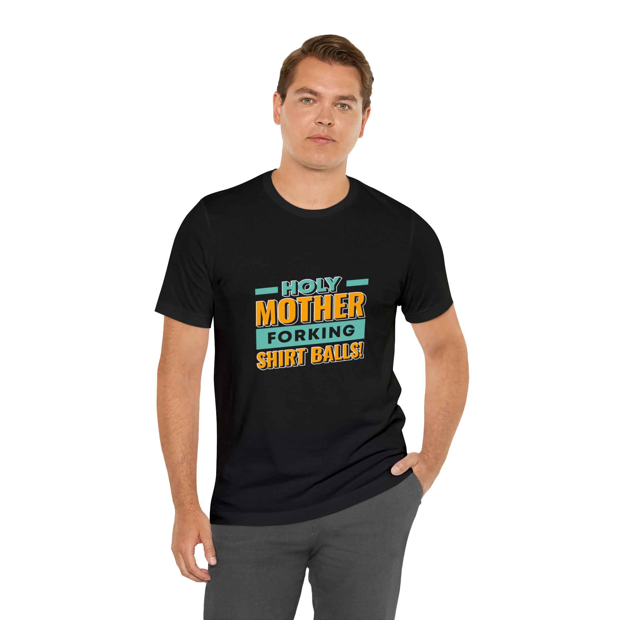 A man wearing a black Holy mother T-Shirt from Printify that says i'm not a mother.