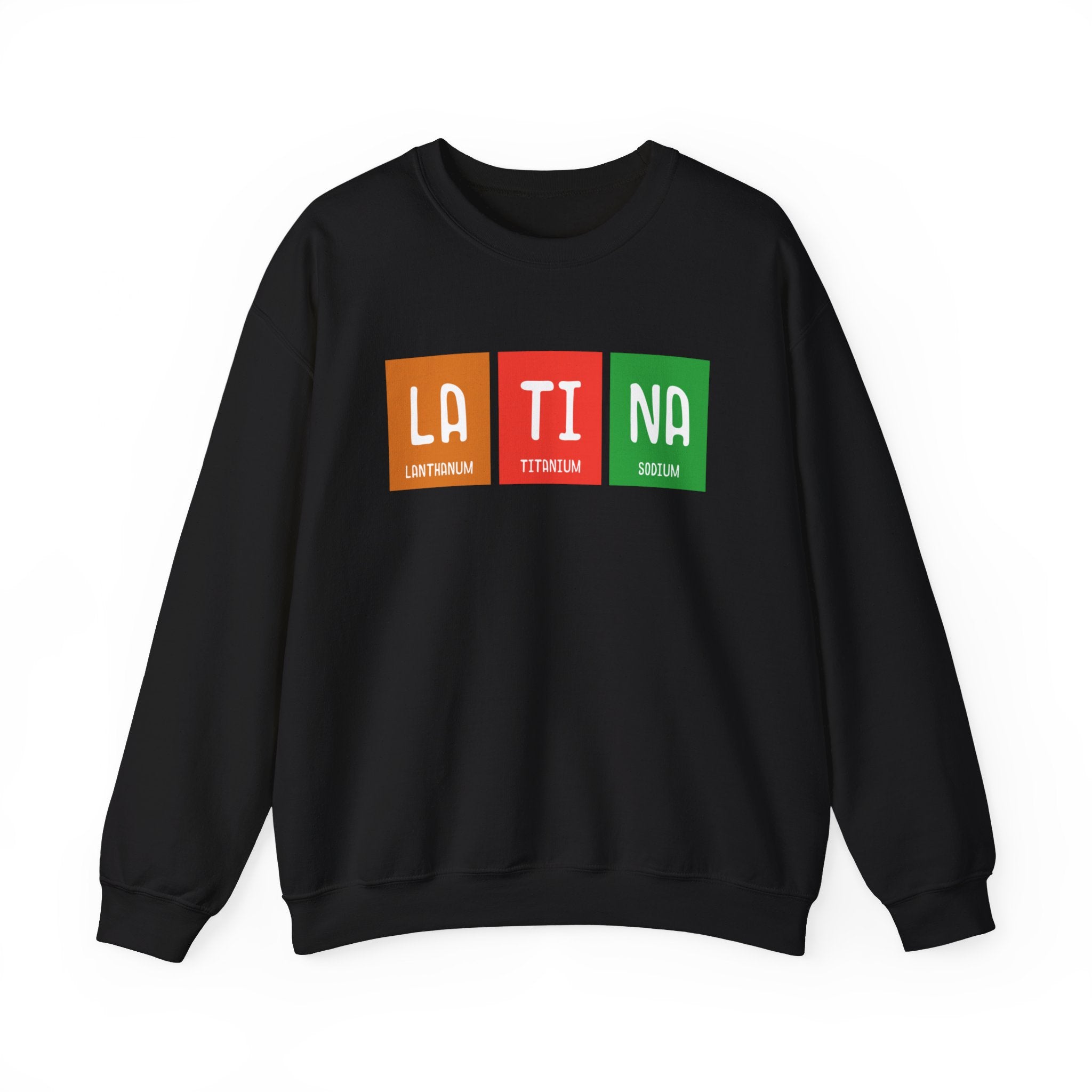 Cozy black LA-TI-NA - Sweatshirt with colorful text "LA TI NA" printed on the front, styled as chemical element symbols for Lanthanum, Titanium, and Sodium—a true winter essential.