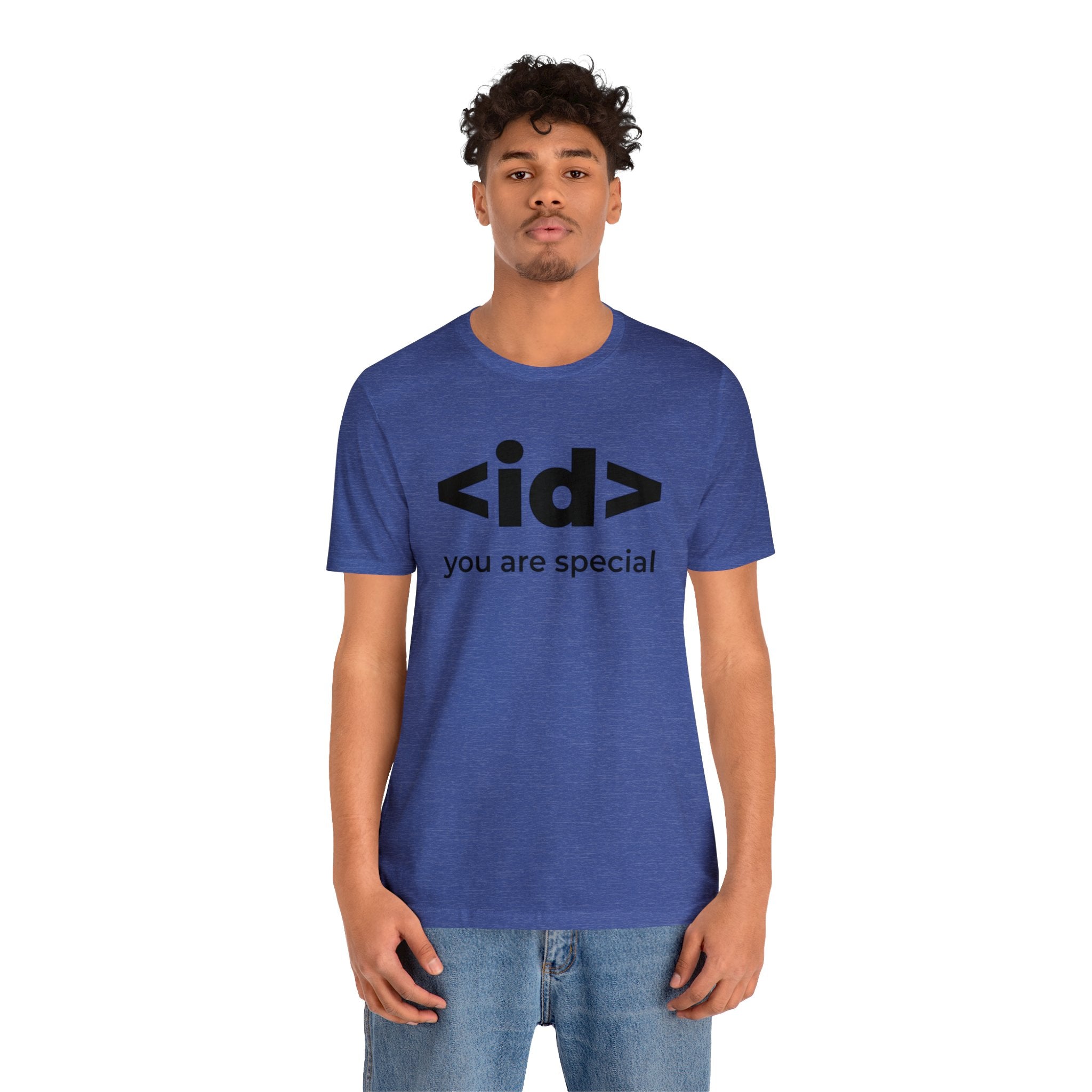 A man wearing a <id> You Are Special T-Shirt.