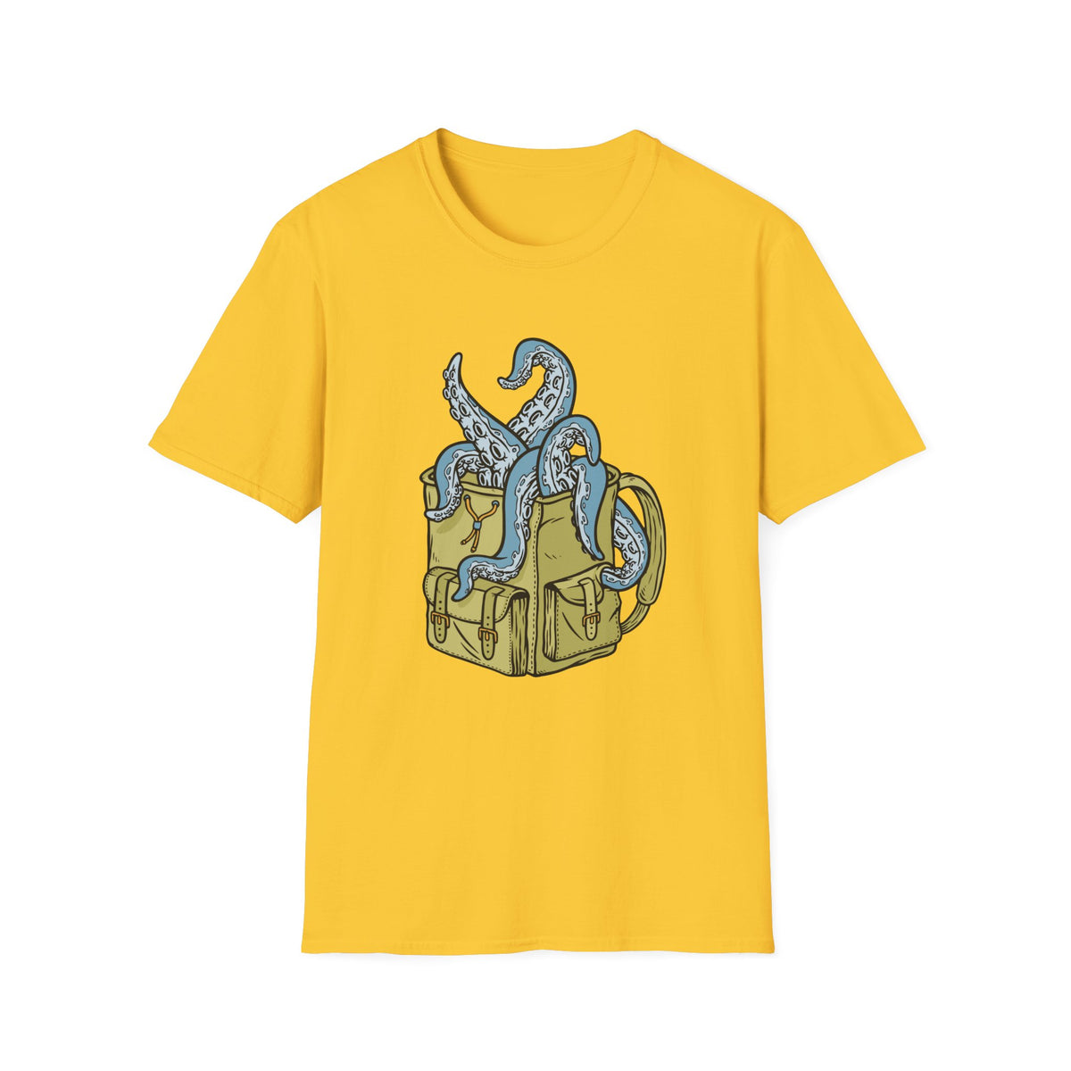 'Octopus Comes Out of the Bag' t-shirt in daisy yellow, flat lay front, funny gift for hikers and campers