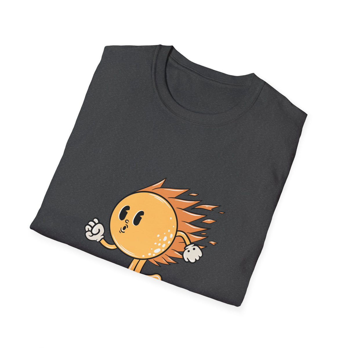Hot Sun Cartoon skateboarding t-shirt in dark heather, folded flat lay showing print, funny gift