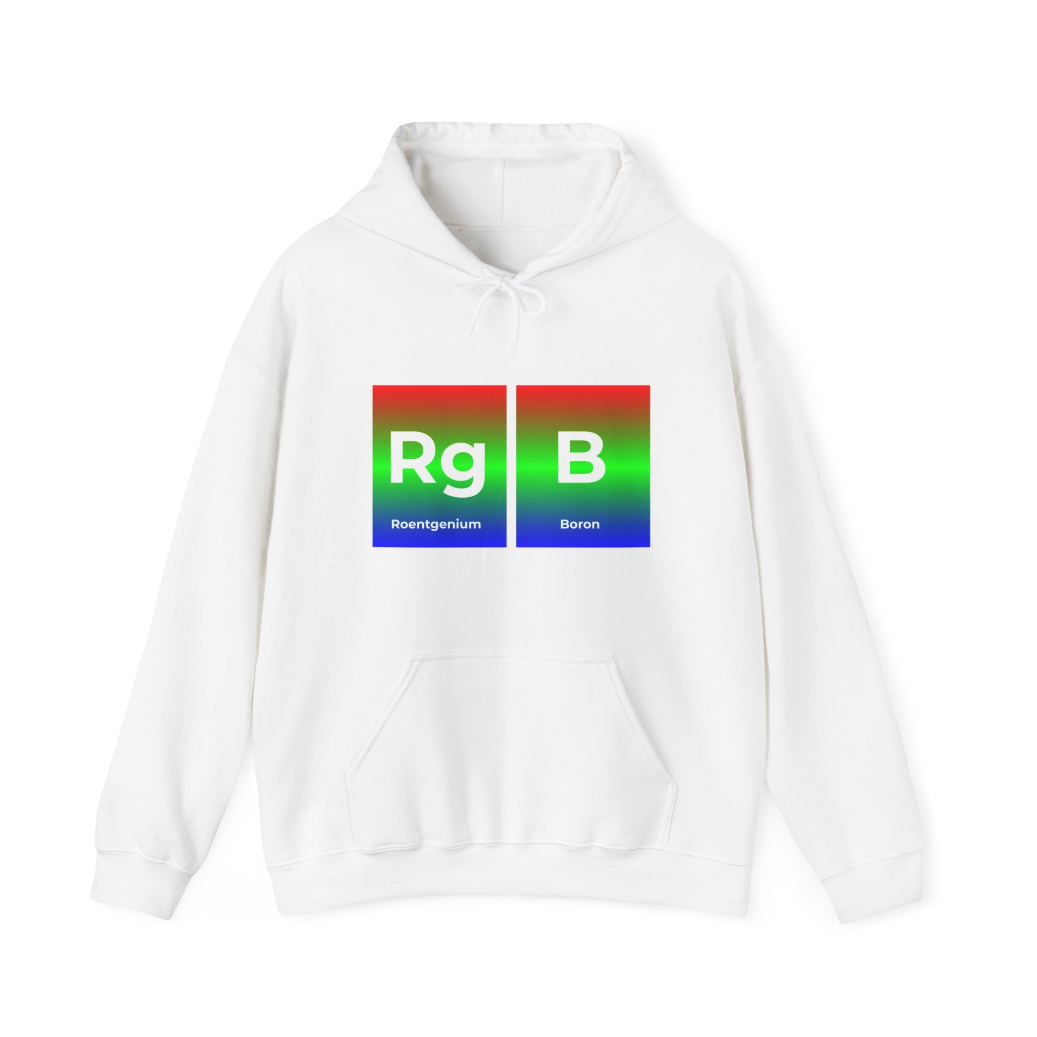 RG-B - Hooded Sweatshirt featuring a graphic with the letters "Rg" and "B" styled like periodic table elements, labeled "Roentgenium" and "Boron," on a comfortable gradient red-green-blue background. Part of our exclusive RG-B designs collection.