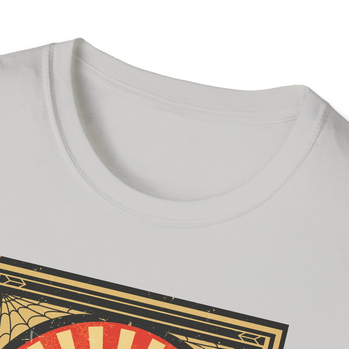 Close-up of 'Mexican Wrestler' t-shirt neckline in ice grey, funny lucha libre graphic tee fabric detail