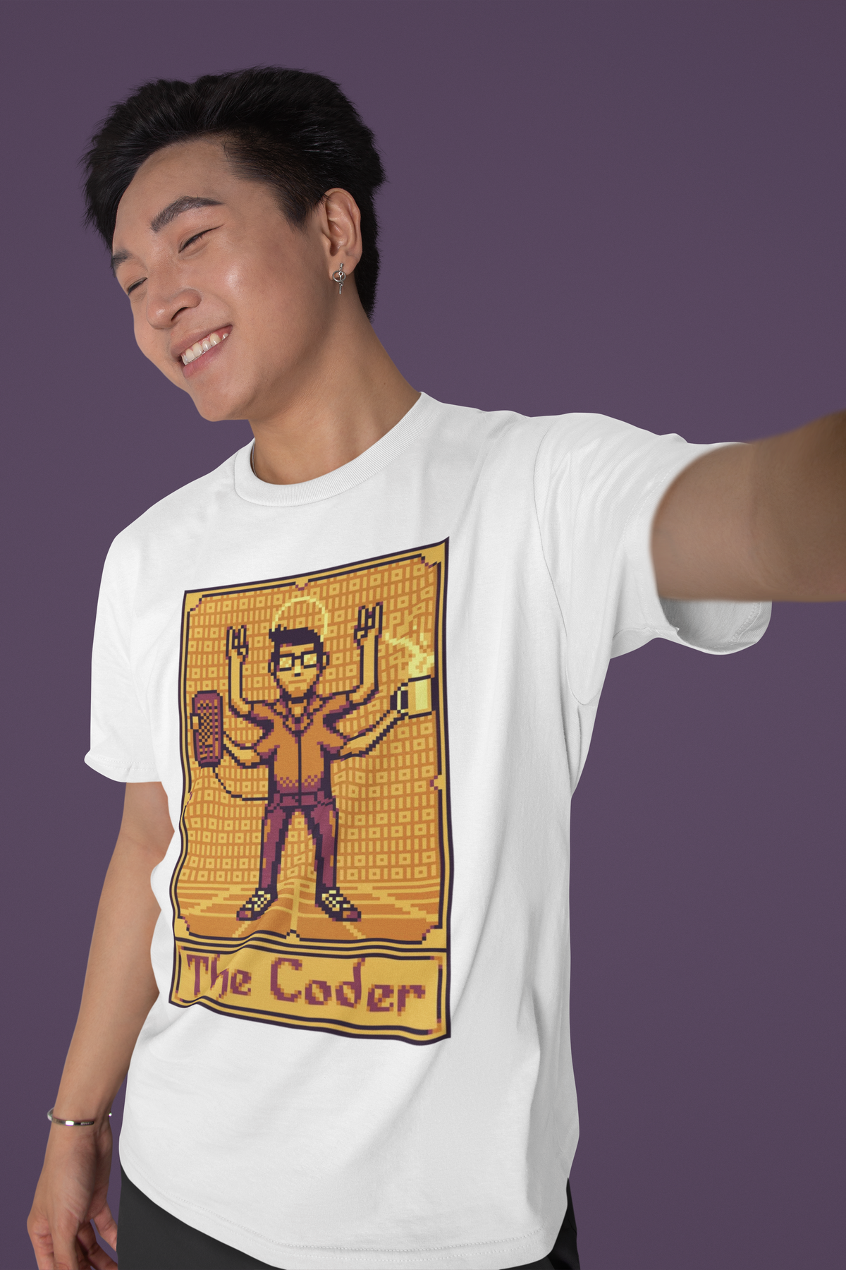 'The Coder' tarot card t-shirt in white, man model taking a selfie wearing it, funny gift for coders
