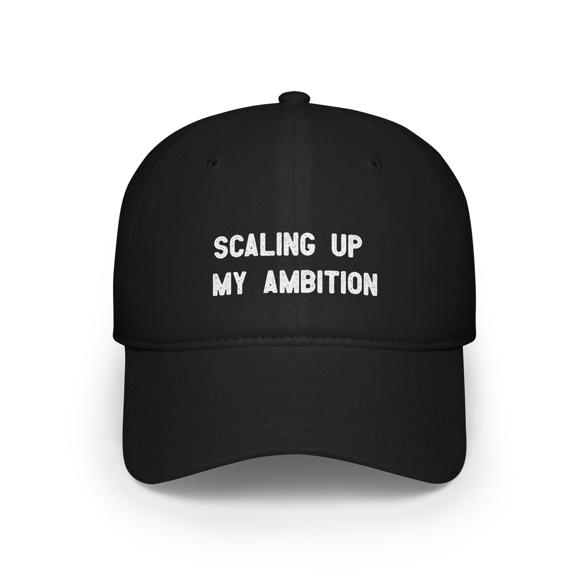 The "Scaling Up My Ambition" hat is a stylish black baseball cap that highlights the bold embroidered text "SCALING UP MY AMBITION" in white capital letters, designed for a durable finish to endure your daily adventures.