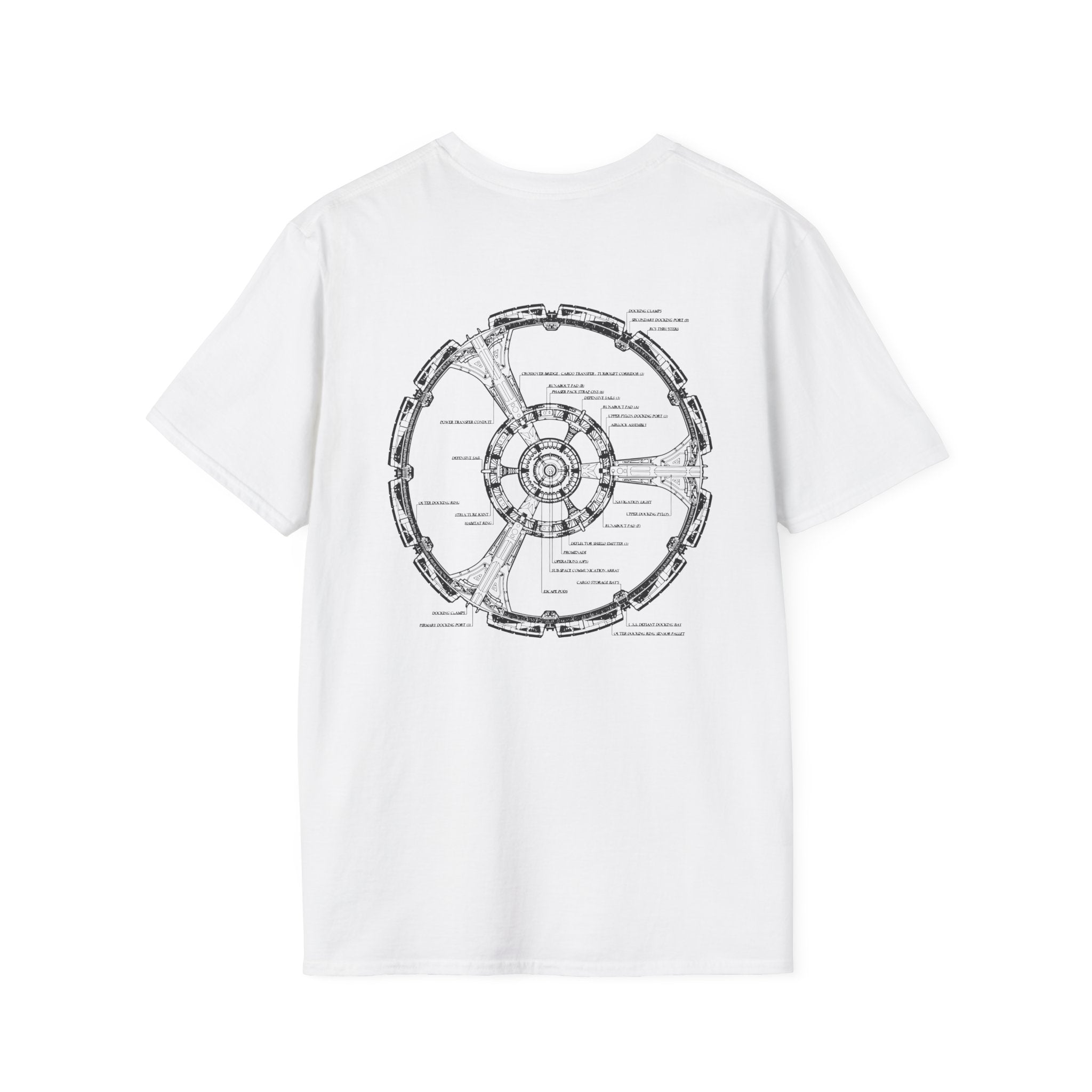 Limited Edition Space Station T-Shirt showcasing a black diagram of a circular structure similar to a space station, adorned with various technical terms.