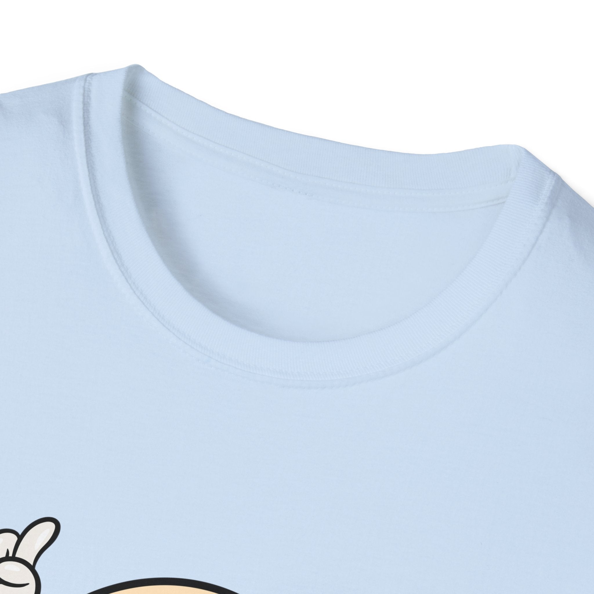 Close-up of a light blue t-shirt neckline. In the lower left corner, partial details of the Burger Cartoon character with a raised hand in a peace sign are visible.