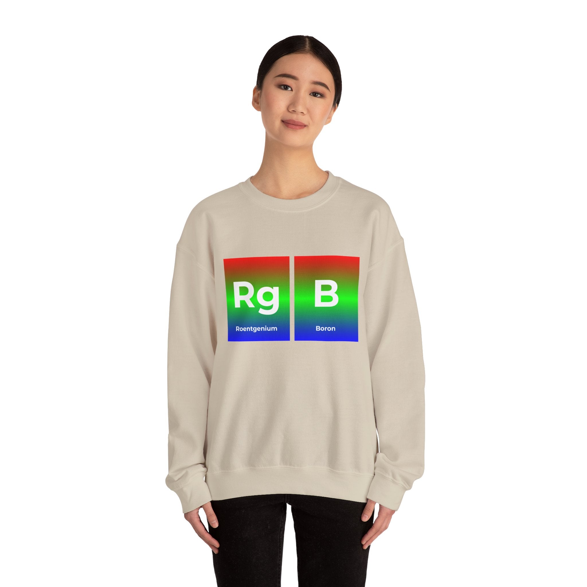 Person wearing a cozy RG-B - Sweatshirt with periodic table elements, Roentgenium (Rg) and Boron (B), displayed on the front. Perfect for comfort lovers.