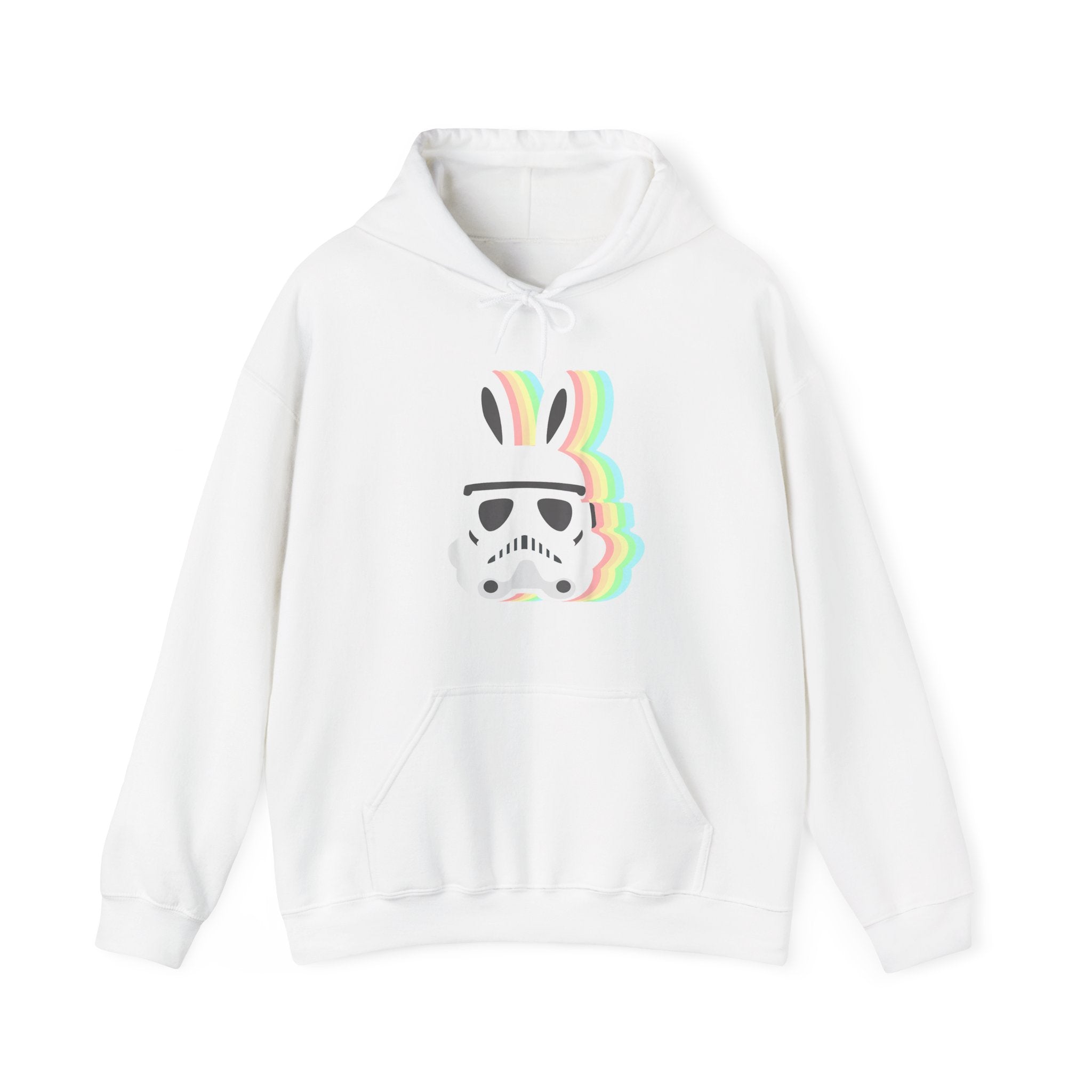 A Star Wars Easter Stormtrooper - Hooded Sweatshirt featuring a graphic of an Easter Stormtrooper helmet combined with multicolored bunny ears.