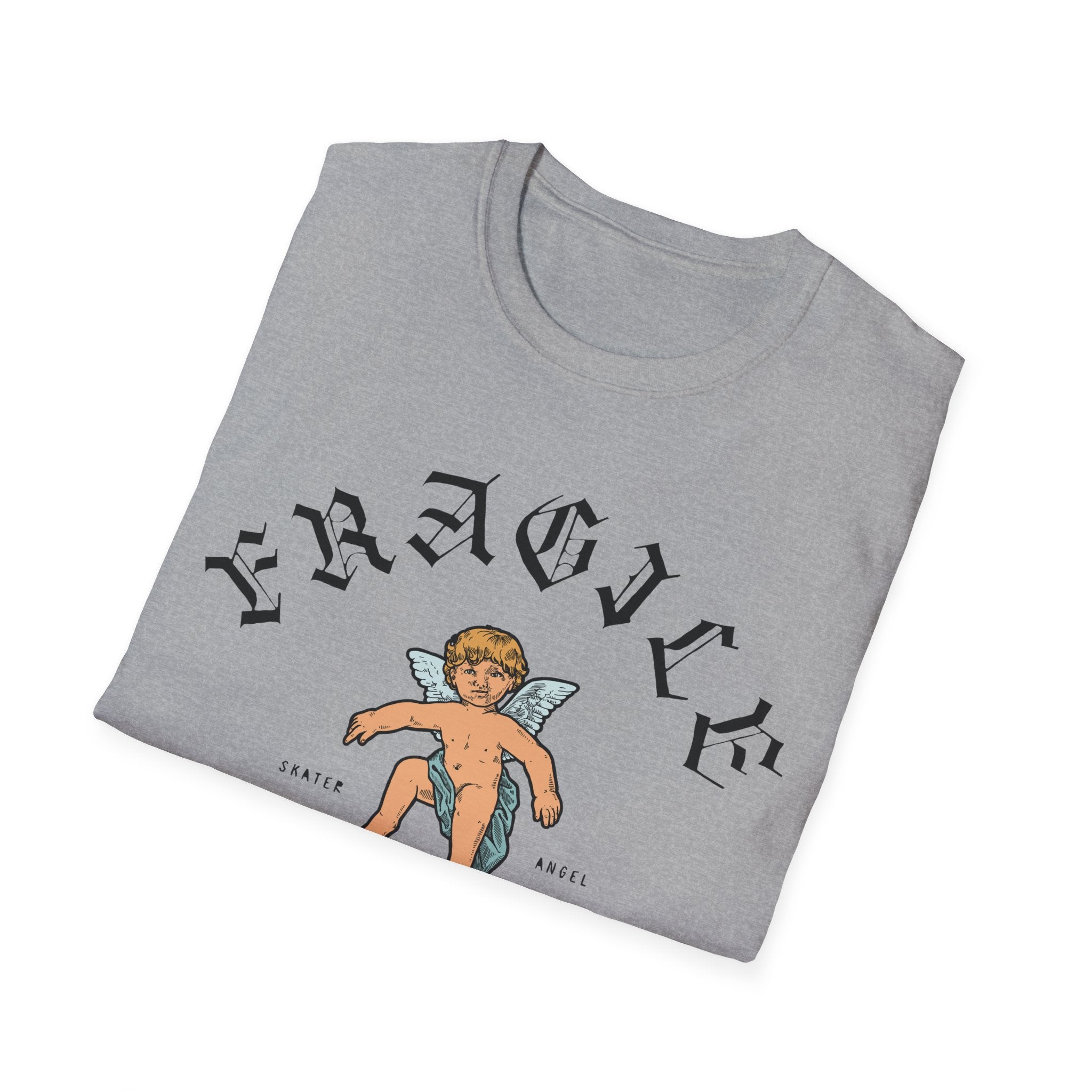 A soft, relaxed fit Skater Angel gray t-shirt with an image of a baby with the word fragile on it.