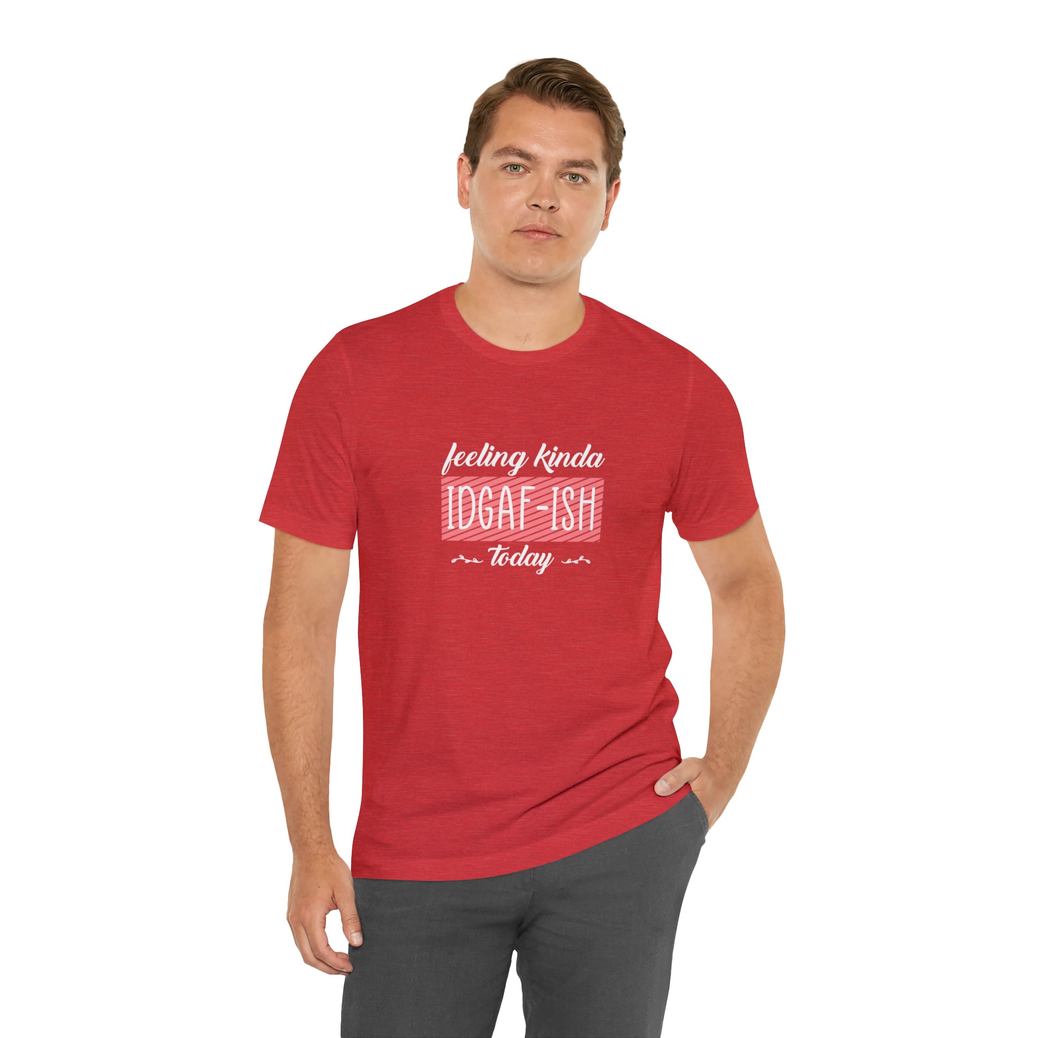 A man wearing a red Feeling kinda T-Shirt with the brand name Printify.