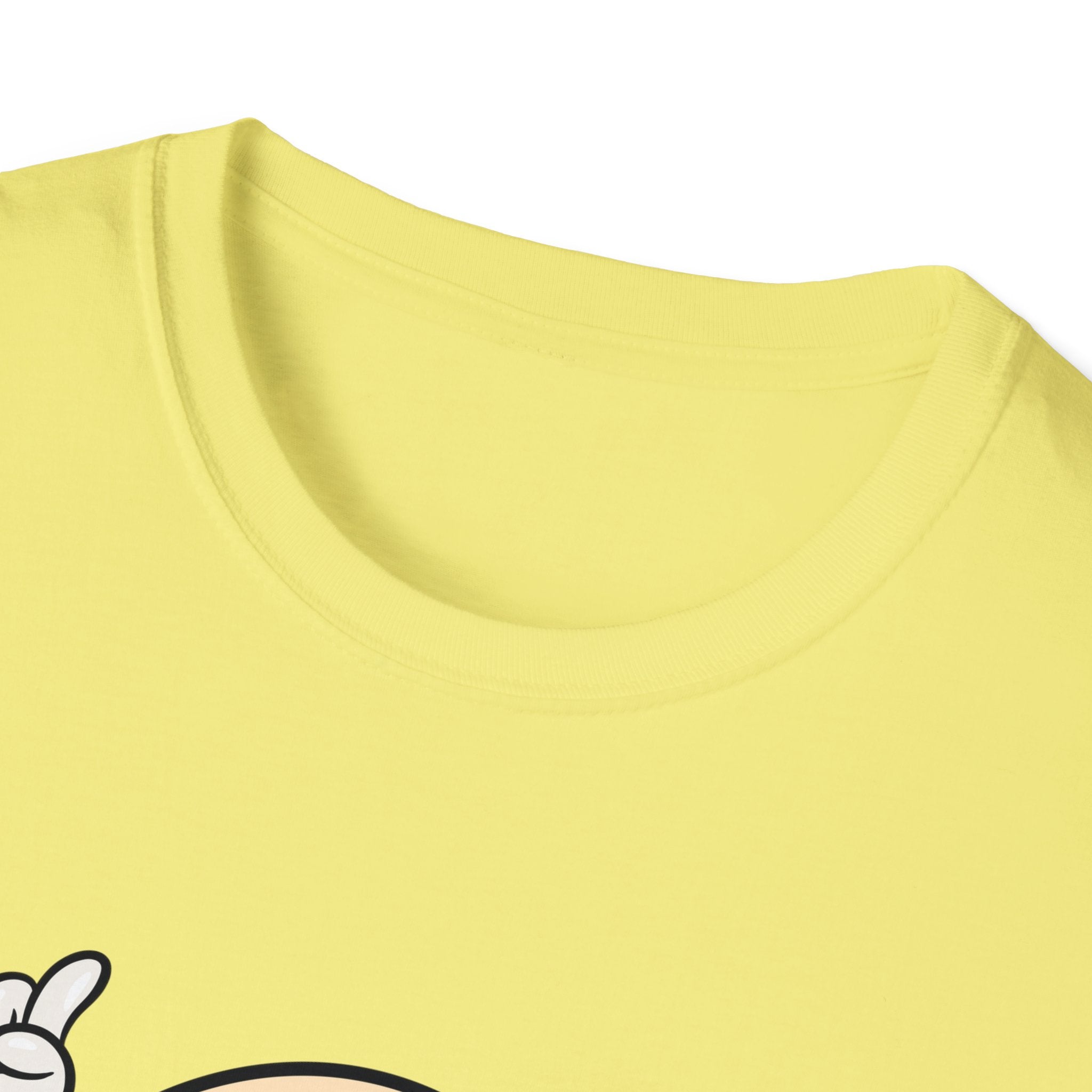 Close-up of the yellow "Burger Cartoon" t-shirt collar with a partially visible printed graphic showing a hand making a peace sign on the lower left.