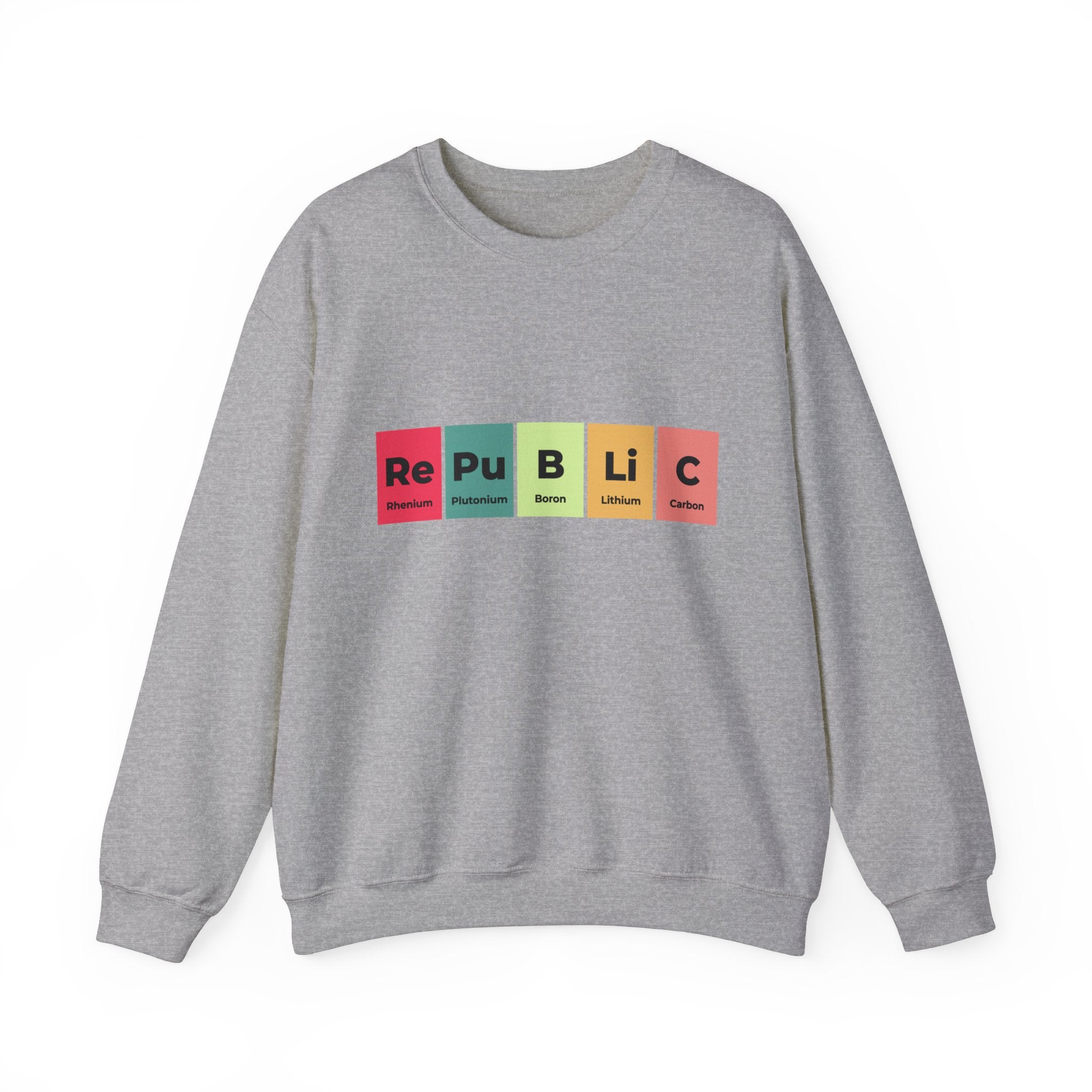 A cozy gray Republic - Sweatshirt featuring the word "Republic" displayed with each letter inside colored squares resembling periodic table elements, perfect for winter days.