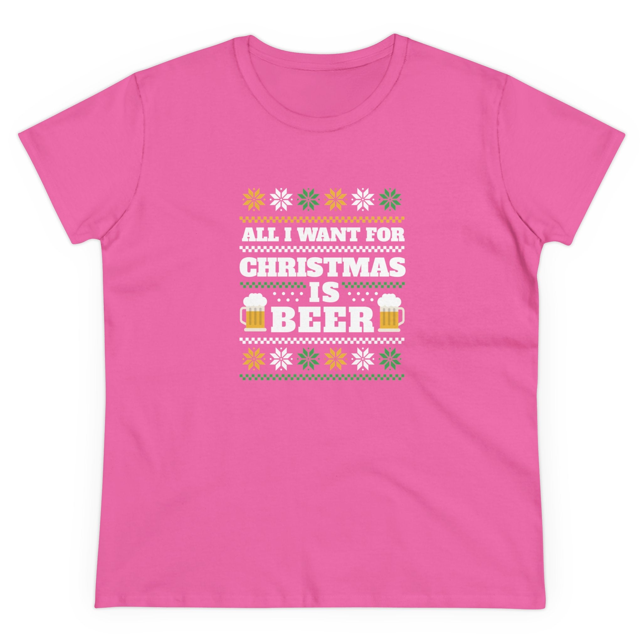 A pink, pre-shrunk cotton Beer Ugly Sweater - Women's Tee with a holiday-themed design that reads "All I Want For Christmas Is Beer" featuring images of beer mugs and decorative snowflakes.