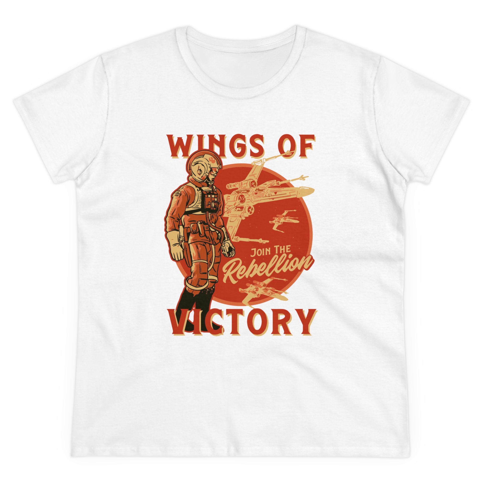 Wings of Victory - Women's Tee featuring a vintage-style illustration of a pilot and spacecraft, adorned with the text "Wings of Victory - Join the Rebellion" in bold red and orange letters.