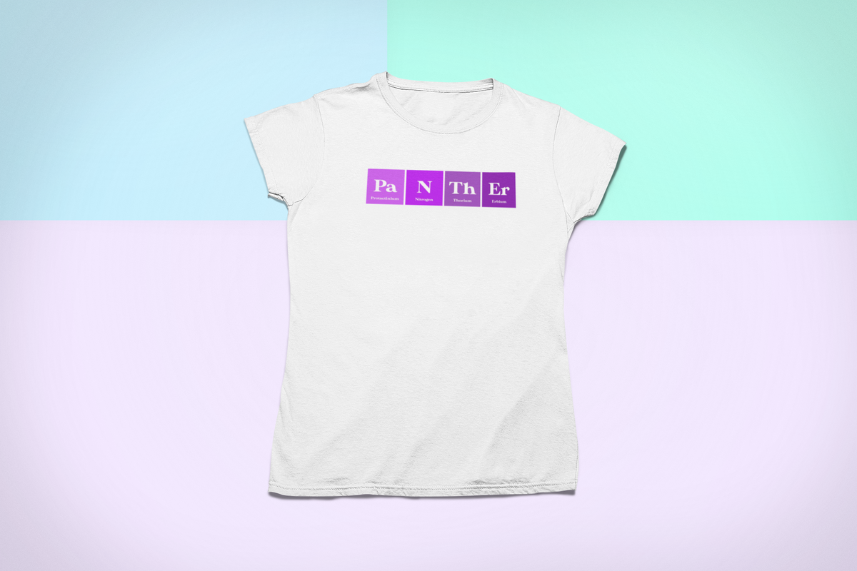 'Pa-N-Th-Er' periodic table t-shirt in white, smiling man taking a selfie, funny science pun tee
