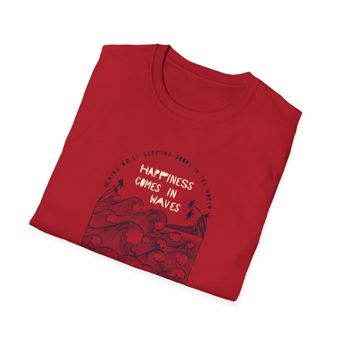 "Happiness Comes in Waves" ocean wave t-shirt in red, folded flat lay showing front print, beach lover gift