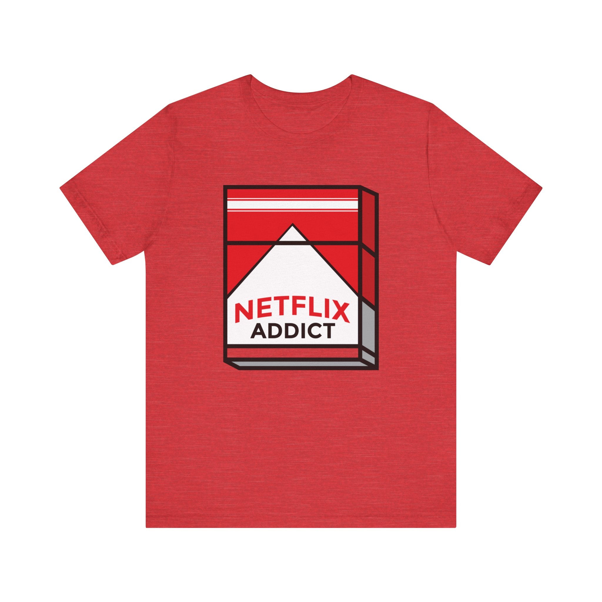 Unisex Netflix Addict tee with a graphic design resembling a battery icon, labeled "Netflix addiction" with white, red, and black colors.