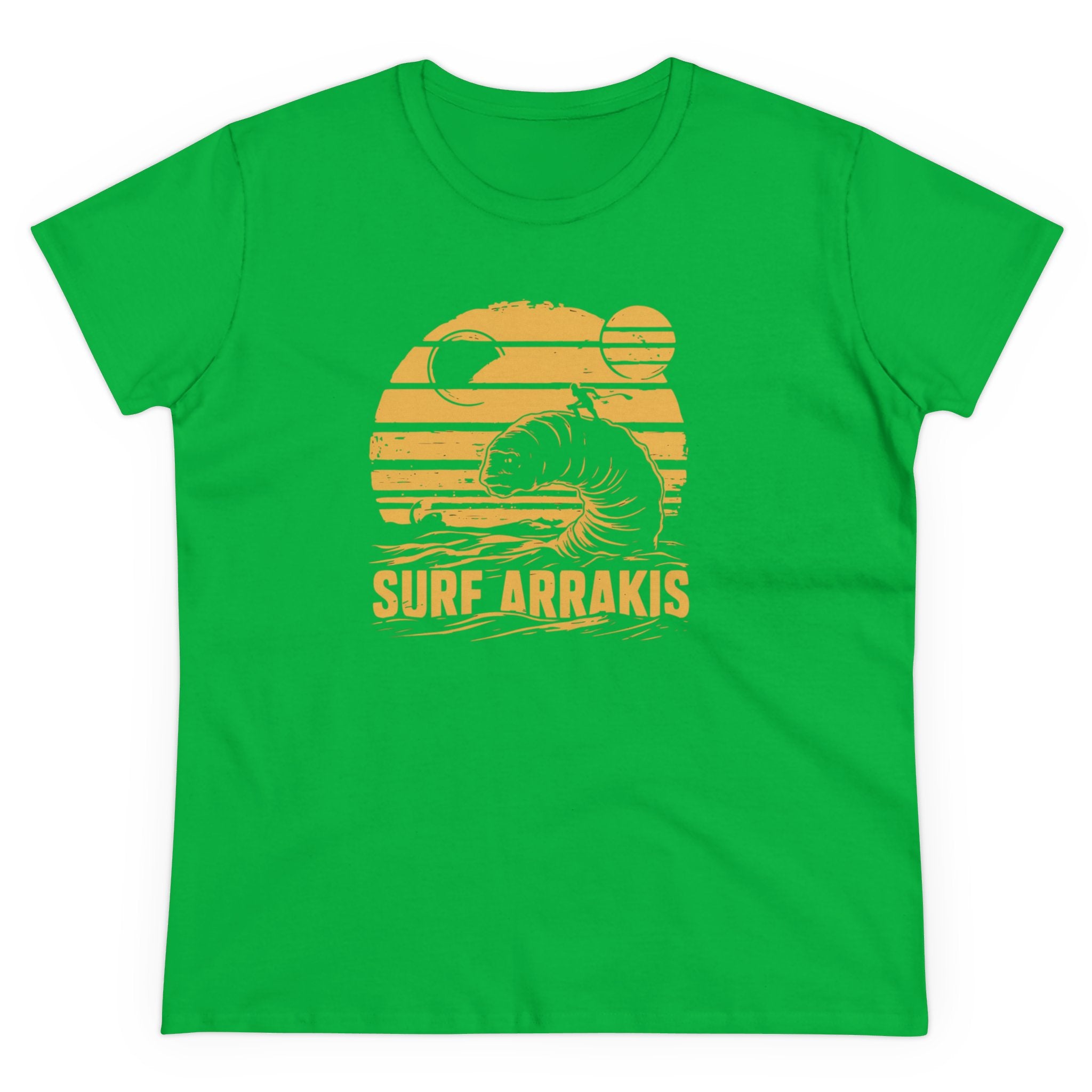 The Surf Arrakis - Women's Tee is a green t-shirt featuring a stylized sandworm and waves with the text "Surf Arrakis" against a yellow and orange sunset background with two moons. Made from soft light cotton, this pre-shrunk, comfy design ensures you stay comfortable while making a statement.