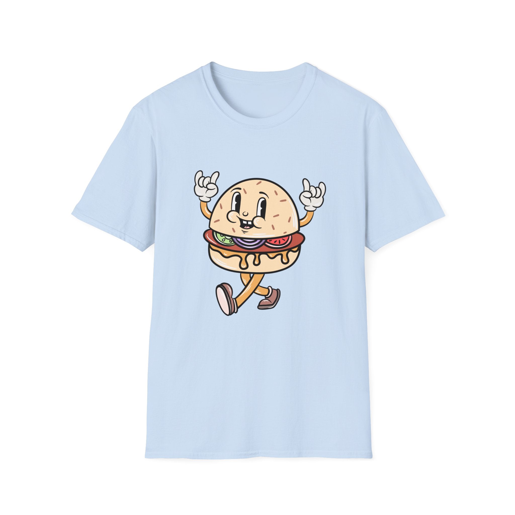 Light blue T-shirt featuring the "Burger Cartoon," a cheerful hamburger with arms and legs, smiling and making rock and roll hand gestures.