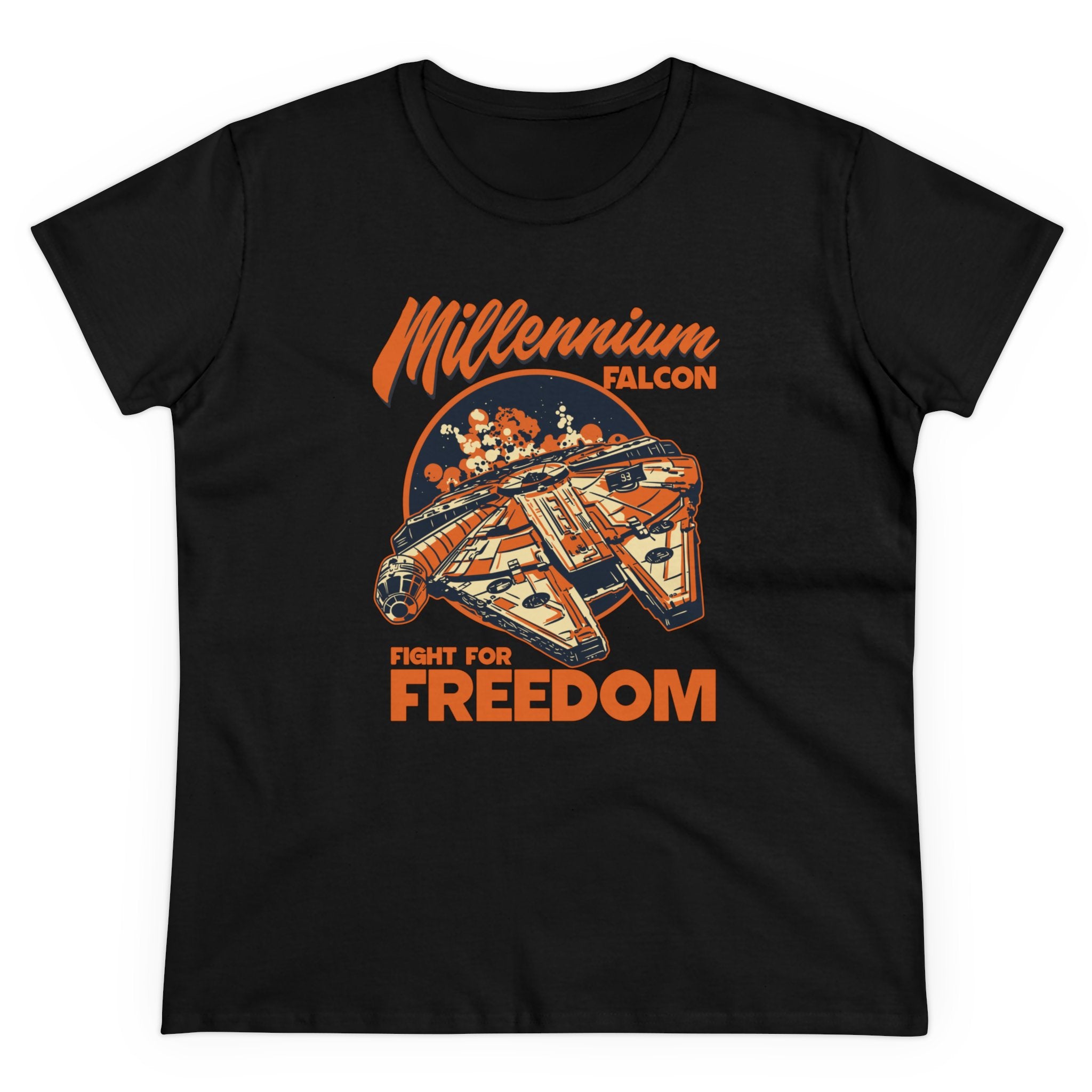 Black T-shirt crafted from soft pre-shrunk cotton, featuring an illustrated spaceship with "Millennium Falcon" above and "Fight for Freedom" below in vibrant orange and white letters, blending comfort and style effortlessly. The product name is Falcon - Women's Tee.
