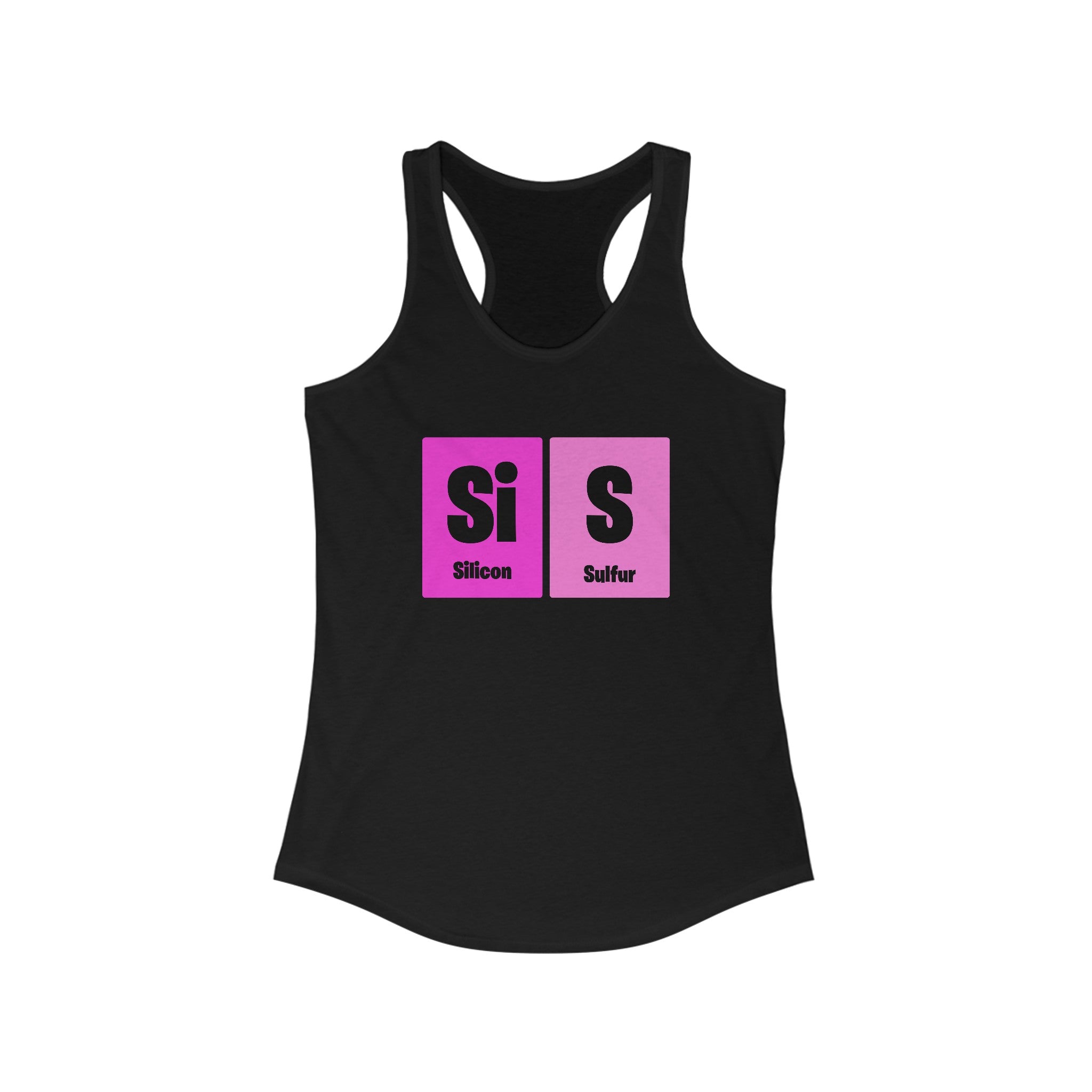 This Si-S Light Pendant - Women's Racerback Tank is perfect for an active lifestyle, featuring periodic table elements Silicon (Si) and Sulfur (S) with a gradient pink background.