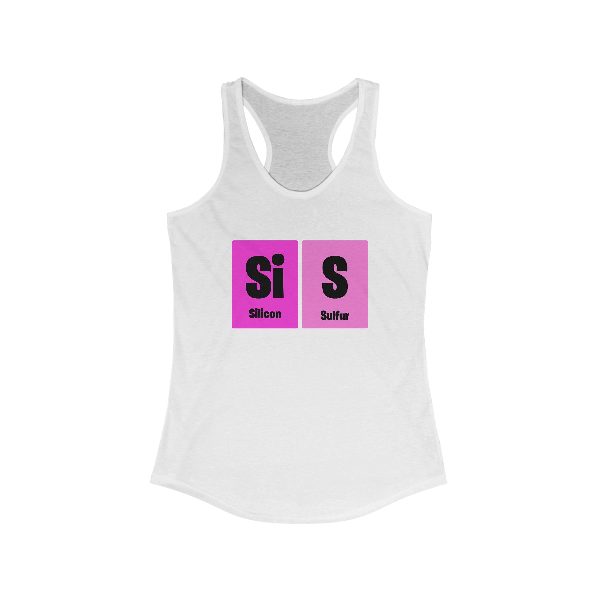 Si-S Light Pendant - Women's Racerback Tank featuring the chemical symbols for Silicon (Si) and Sulfur (S) on a gradient purple-pink background, perfect for an active lifestyle.