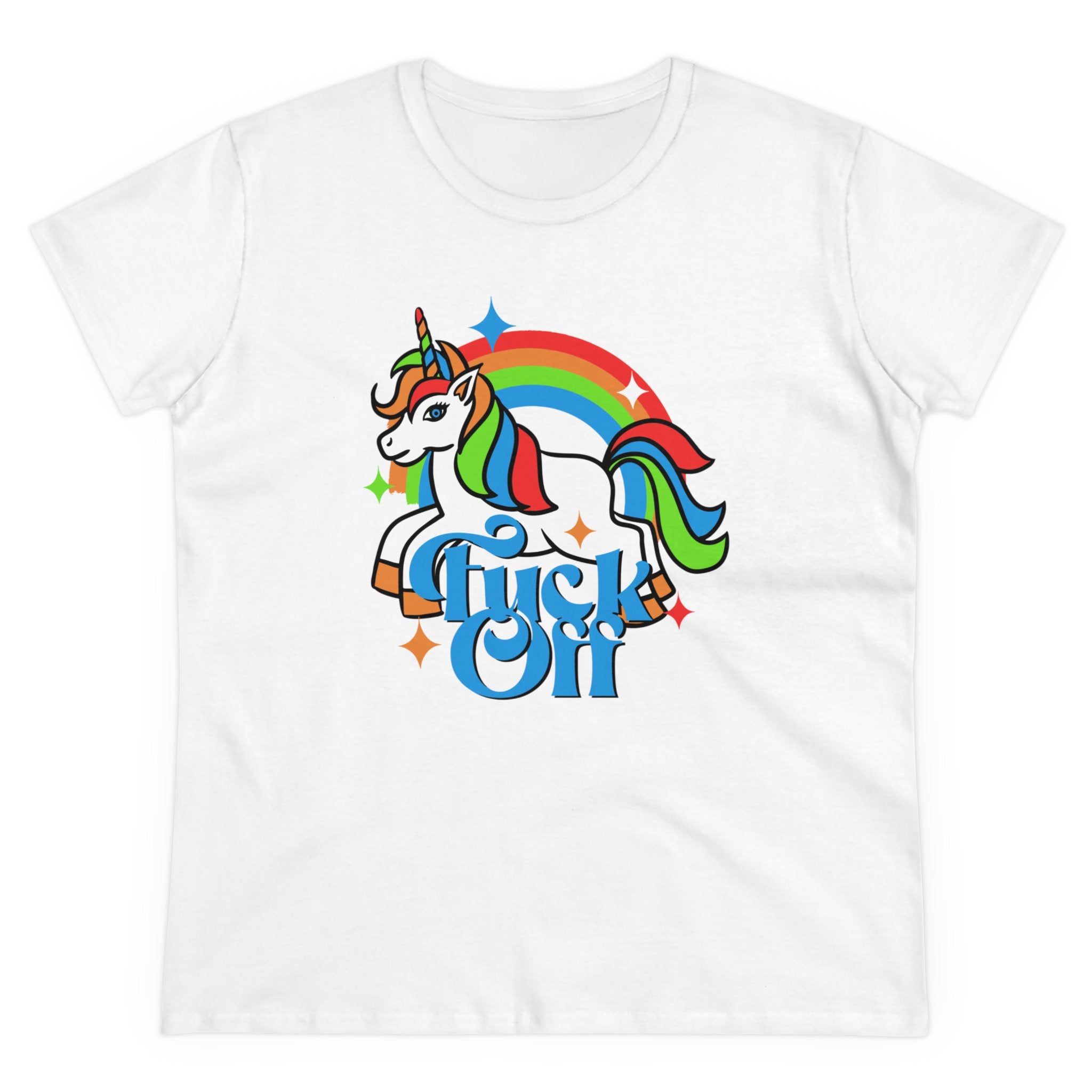 Discover our F Off - Women's Tee, a lightweight cotton white T-shirt featuring a colorful unicorn and rainbow design above the bold phrase "F* Off" in blue.