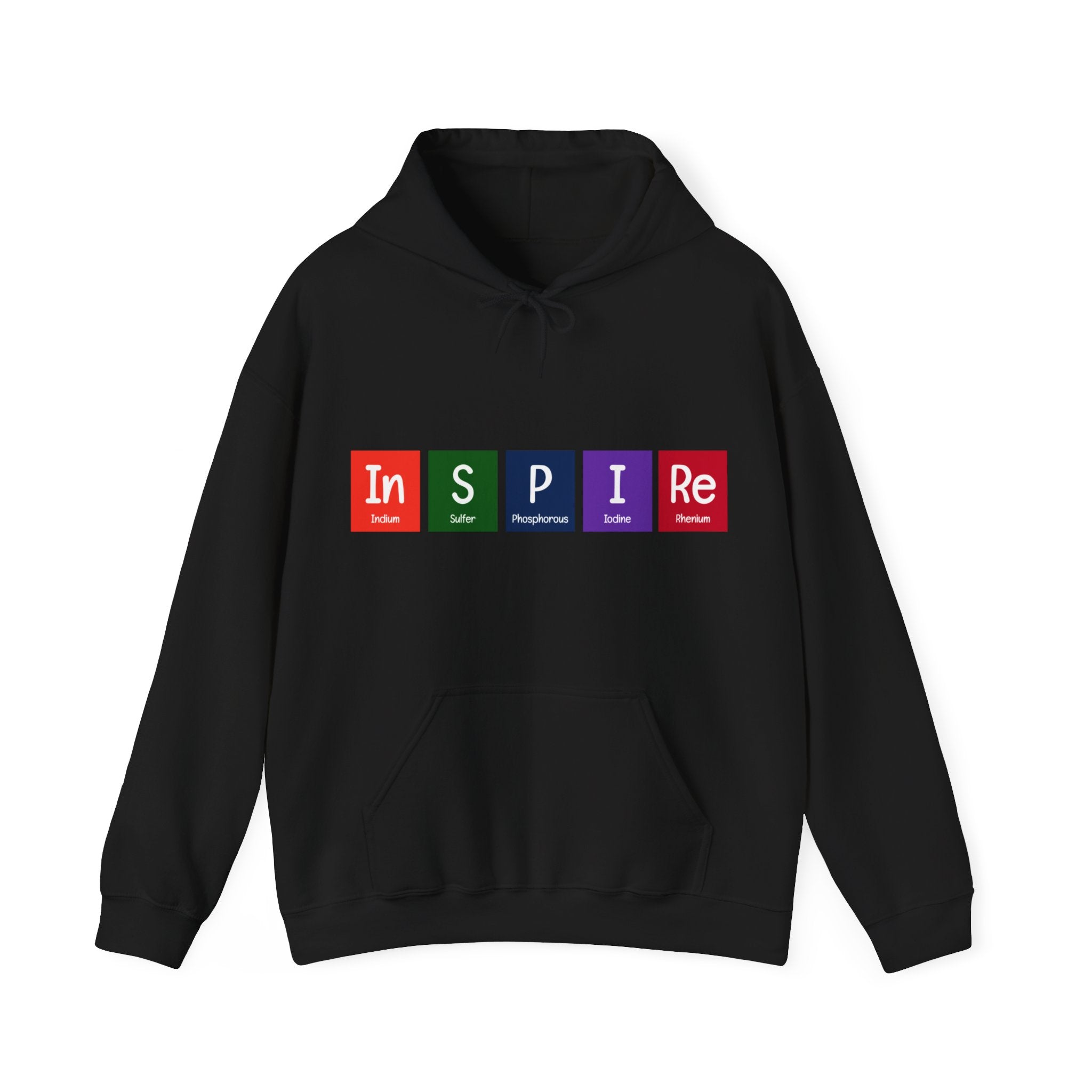 In-S-P-I-Re - Hooded Sweatshirt: Black hoodie with a periodic table design spelling out "INSPIRE" using element symbols, perfect for daily wear and incredibly comfy.