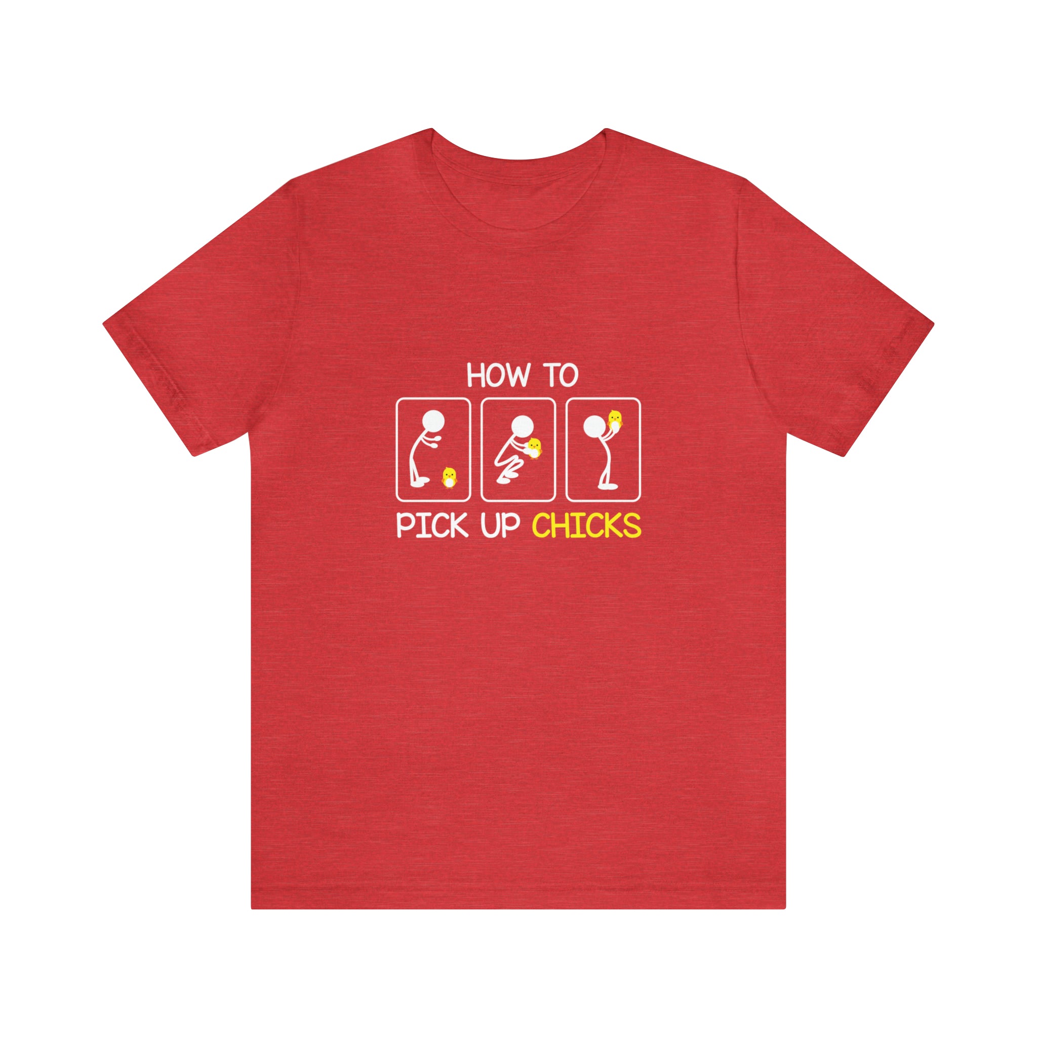 A red How to pickup chicks T-Shirt that says how to puck up cheeses by Printify.