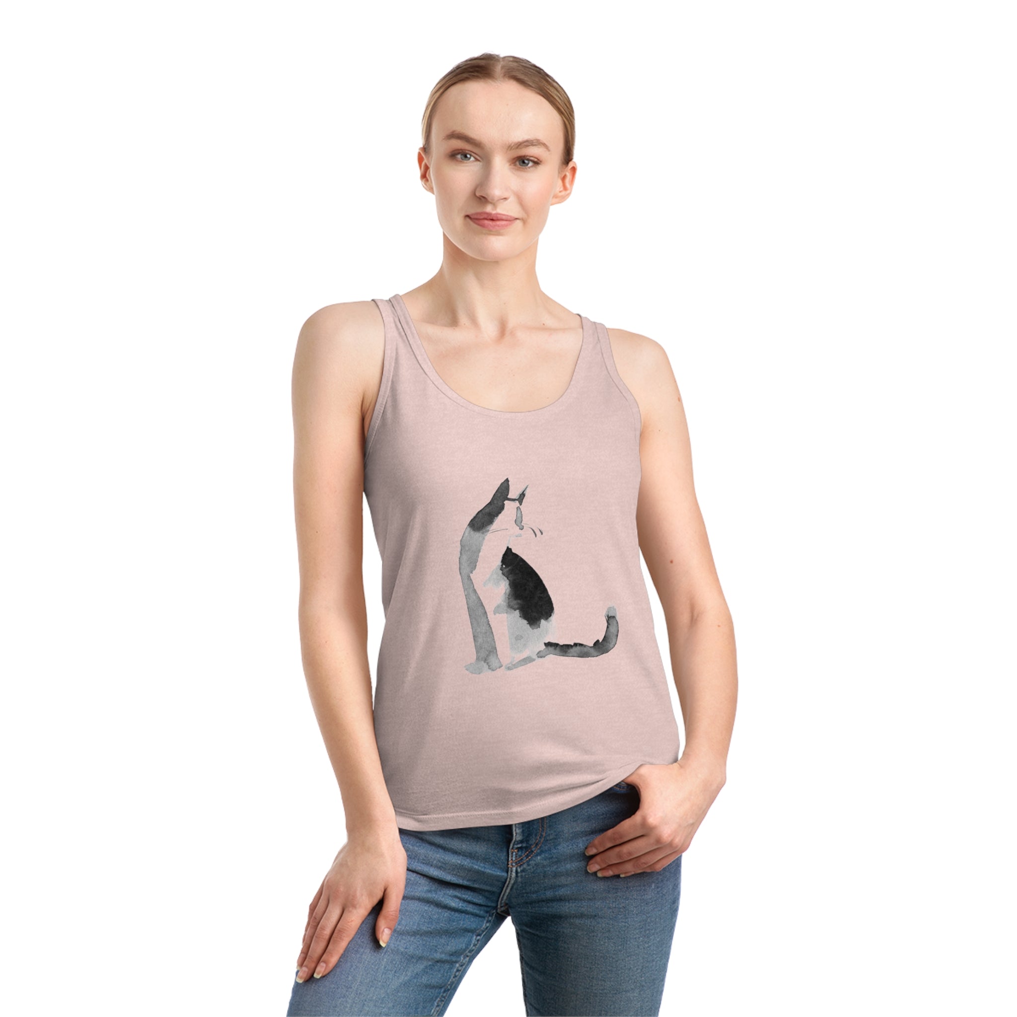 A woman poses against a simple backdrop, donned in the fashionable Cat Women's Dreamer Tank Top crafted from organic cotton, adorned with a playful cat illustration.