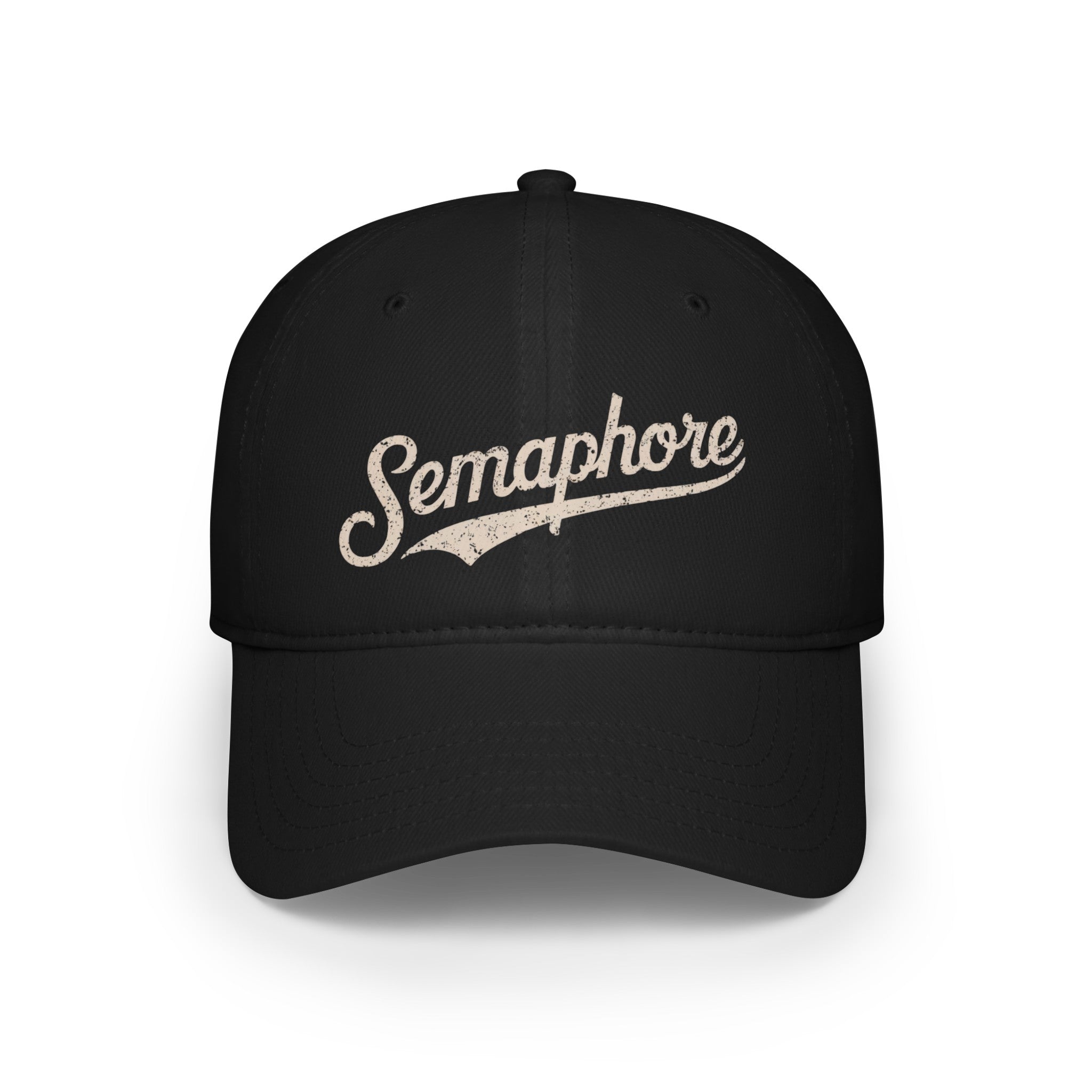A black Semaphore - Hat featuring the word "Semaphore" written in a stylized white script across the front, showcasing Semaphore designs for lasting durability.