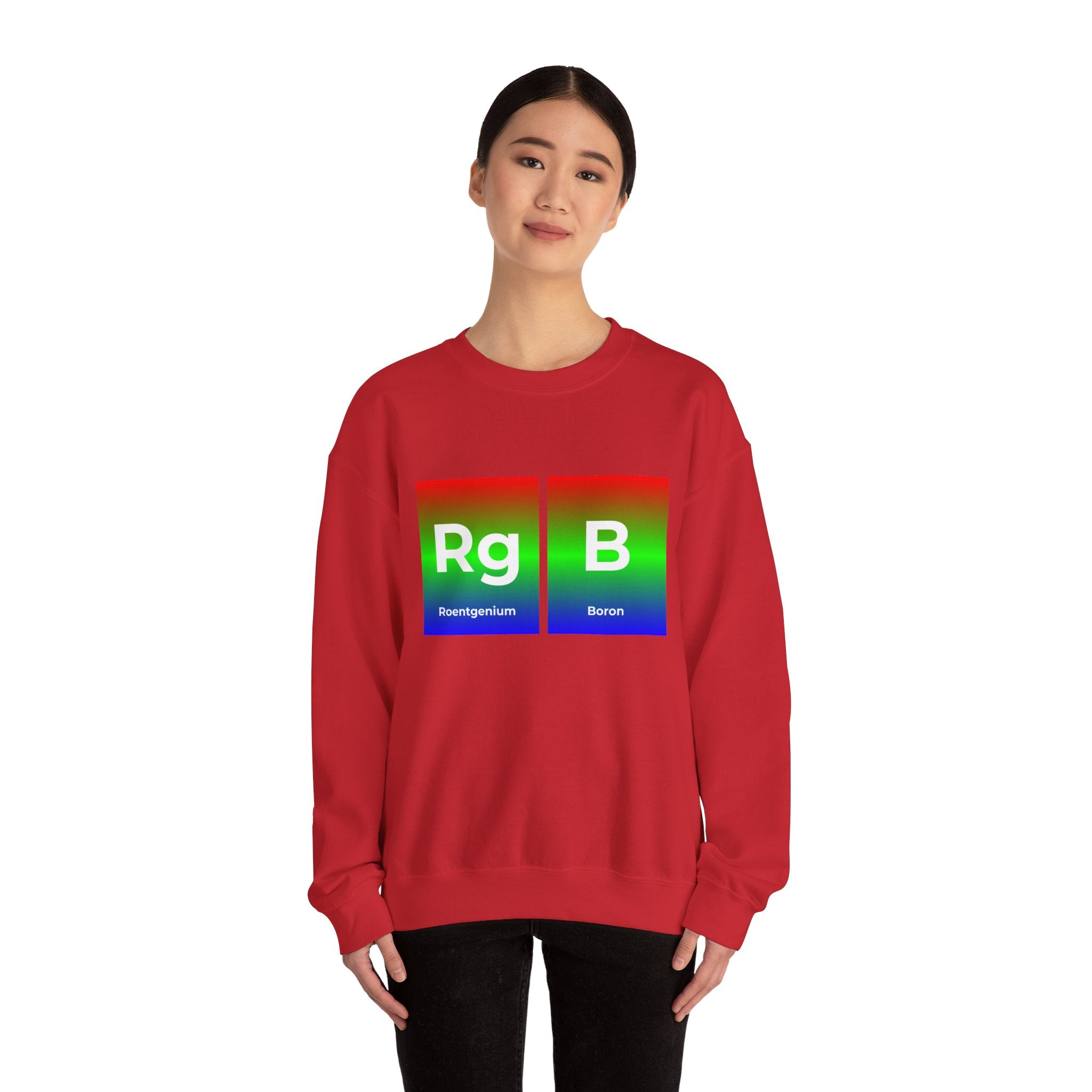 A person wearing a cozy red RG-B - Sweatshirt featuring the stylish periodic table elements Roentgenium (Rg) and Boron (B) printed on it.