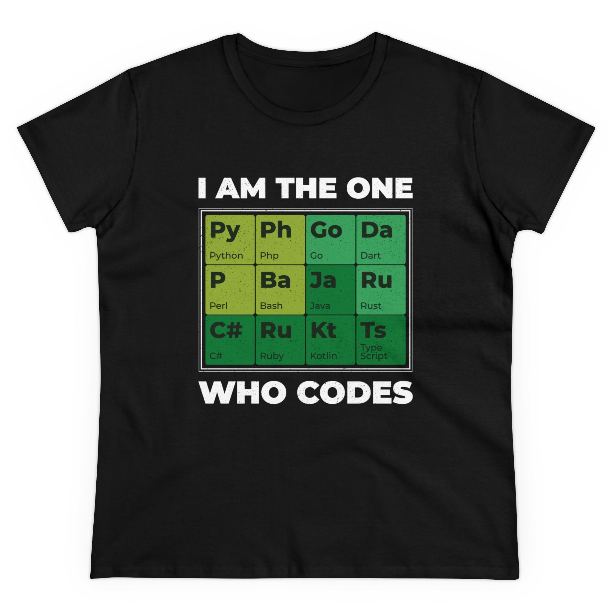 Developer Periodic Table - Women's Tee featuring a design resembling a periodic table showcasing various programming languages. The text reads "I AM THE ONE WHO CODES," bringing a touch of geek chic to your wardrobe.