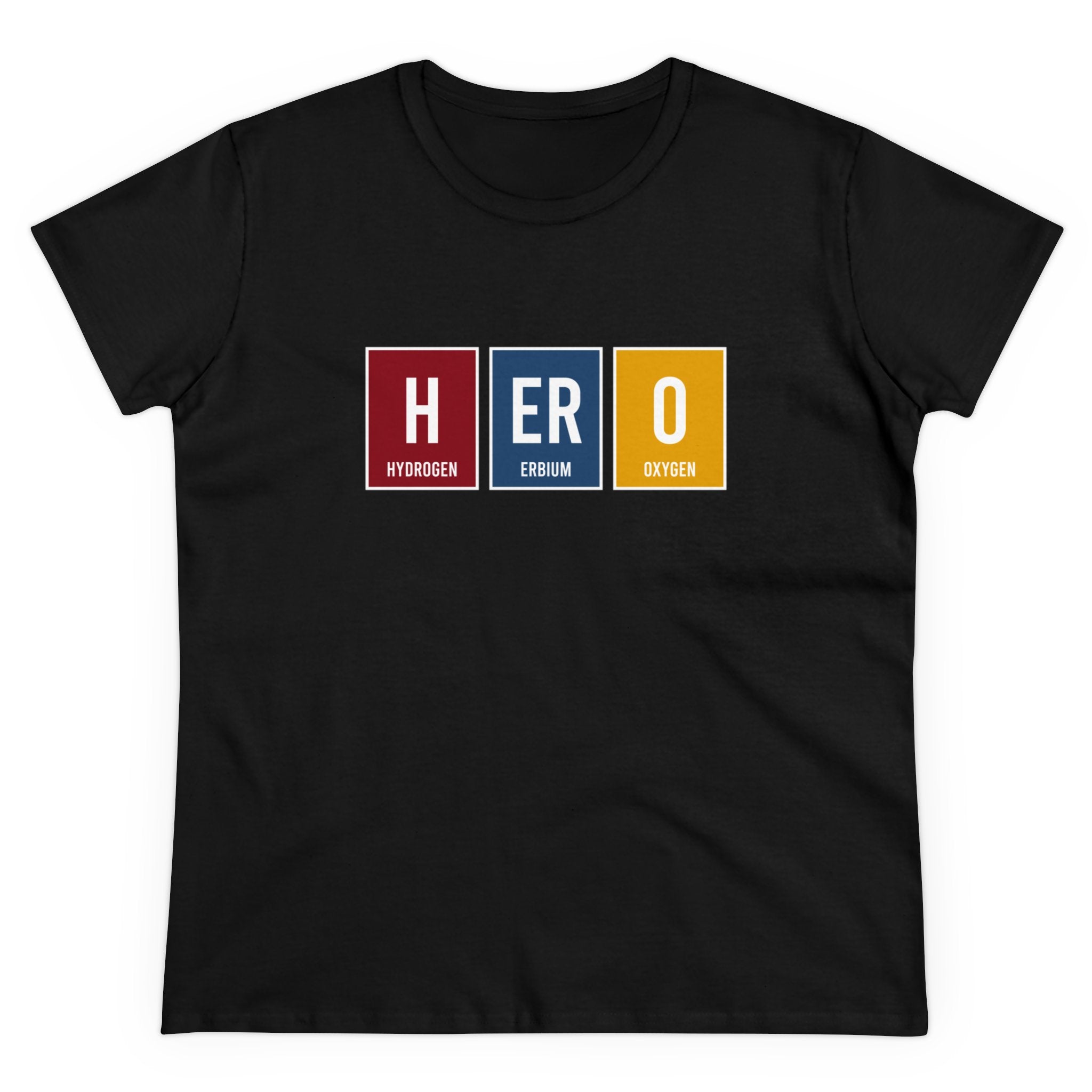 Black hooded sweatshirt with periodic table style blocks reading "H", "Er", and "O," labeled as hydrogen, erbium, and oxygen respectively, spelling "HERO". Crafted from supreme comfort cotton for an everyday fit.
