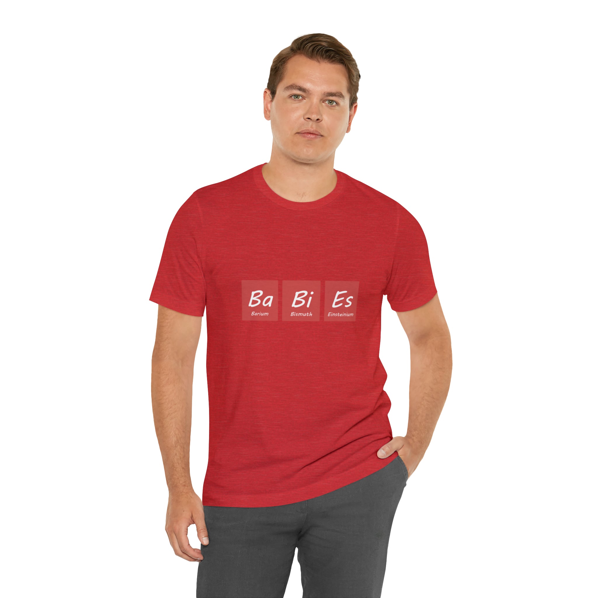 An individual donning a Ba - Bi - Es T-Shirt featuring the word "element," showcasing unique color combinations.