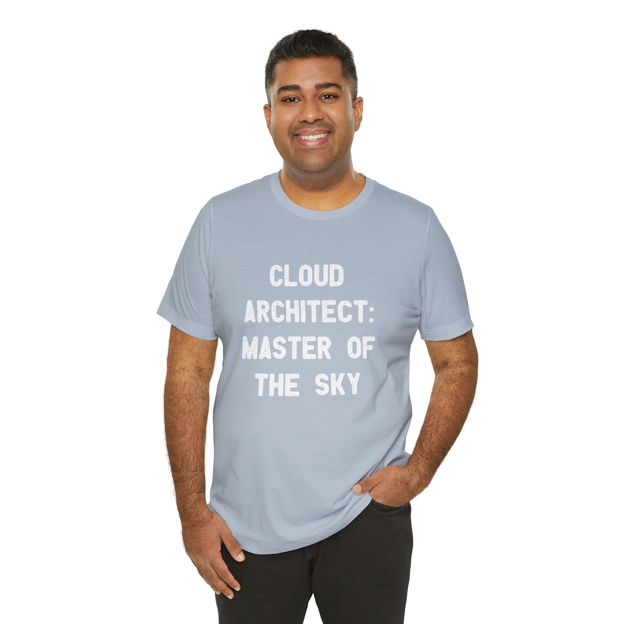 Someone wearing the Cloud Architect Master of the Sky T-Shirt, made from light blue Airlume cotton, stands confidently with one hand in their pocket.