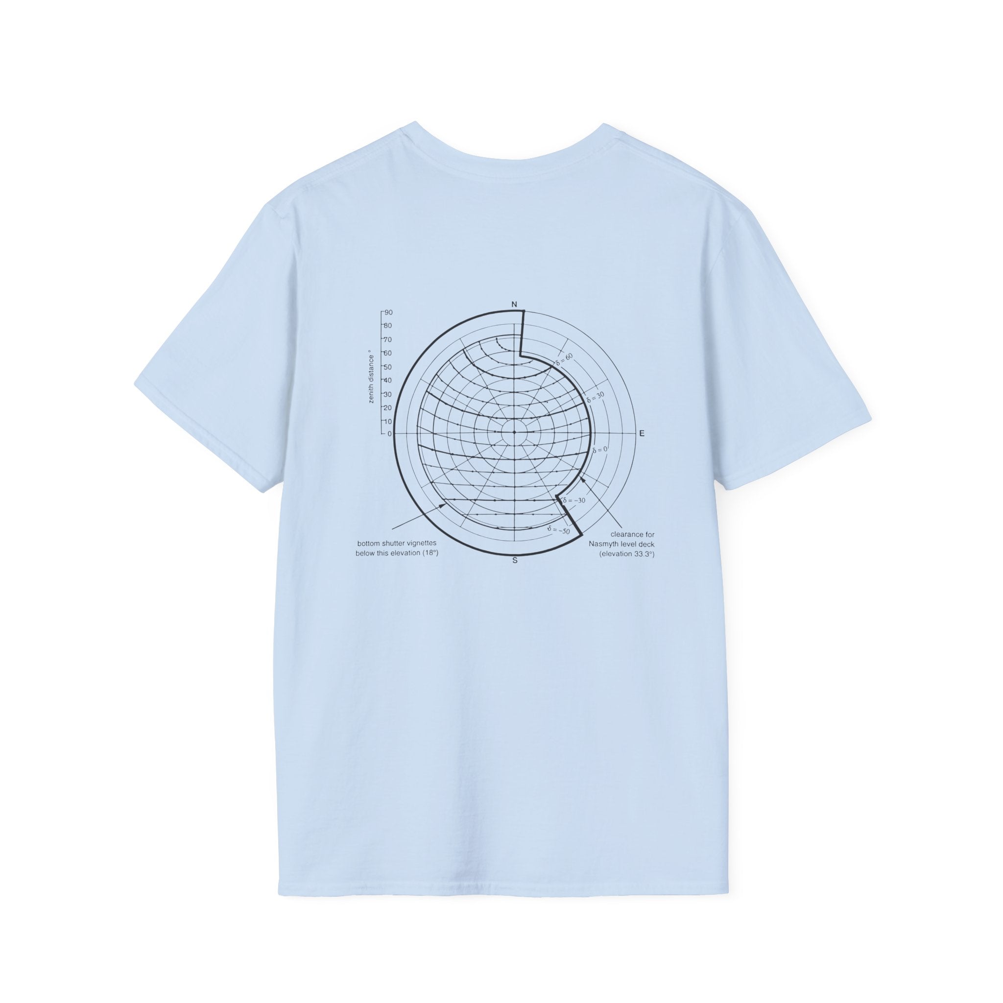 This Spherical Angles T-shirt in light blue, made from soft cotton, features a circular graph and text design on the back. It comes in various sizes to ensure a perfect fit.