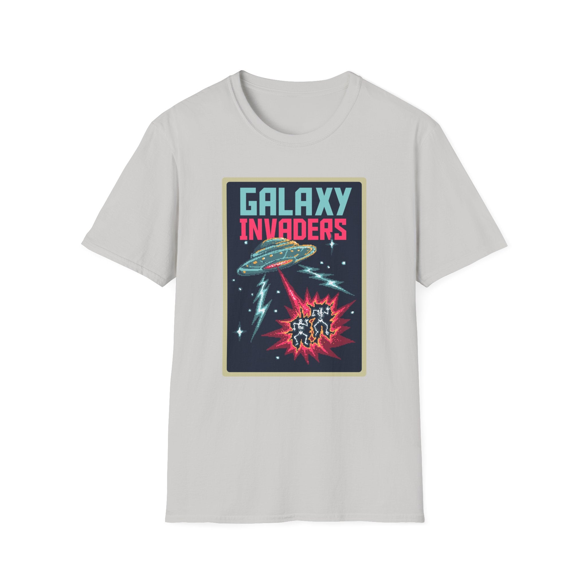 Gray Pixel Galaxy Invaders T-shirt showcasing a pixelated spaceship firing lasers and an explosion in a retro comic style graphic.