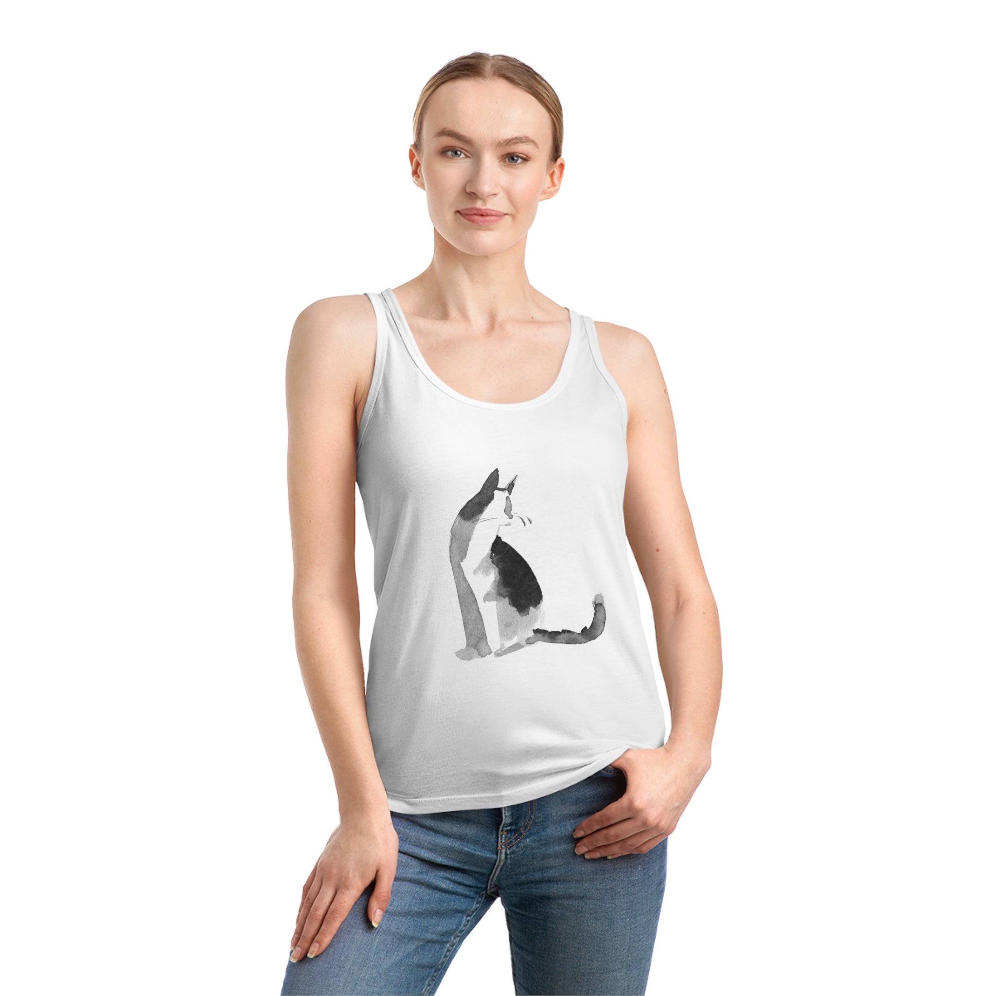 A person showcases their fashionable side, beaming in a Cat Women's Dreamer Tank Top crafted from organic cotton, adorned with an illustration of a black and white cat, as they stand against a plain backdrop.