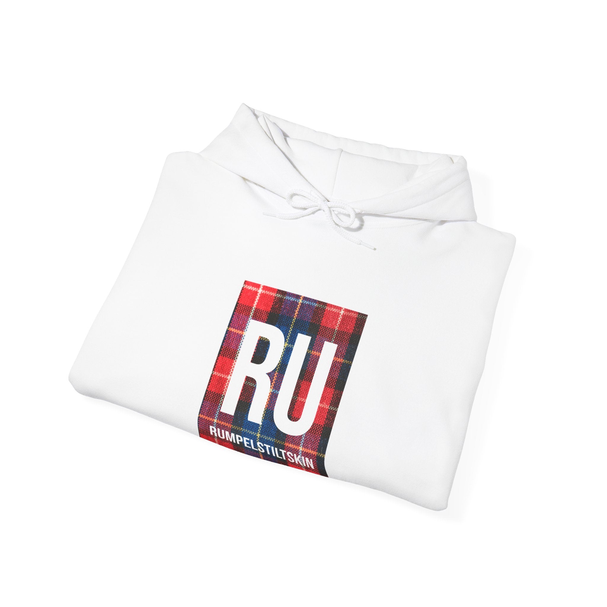 A folded white RU - Hooded Sweatshirt with "RU" and "Rumpelstiltskin" printed on the front, featuring a red and black plaid design that offers the perfect blend of style and ultimate comfort.