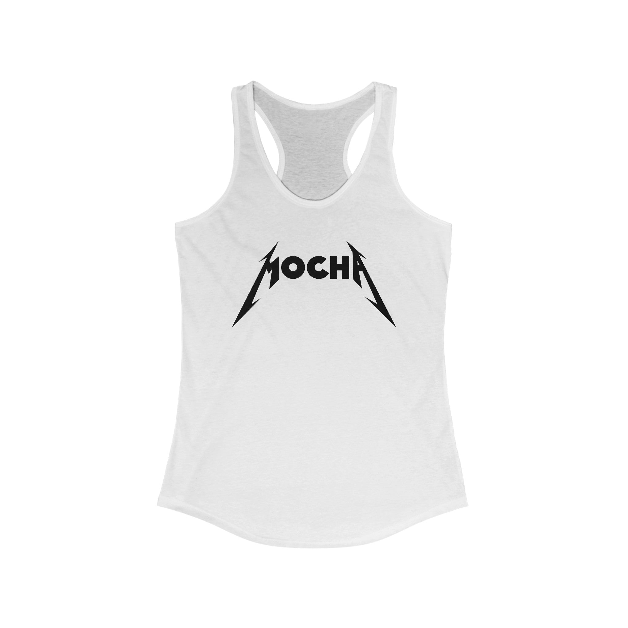 Mocha - Women's Racerback Tank with the word "MOCHA" printed in bold, black letters on the front in a stylized font, perfect for active living.