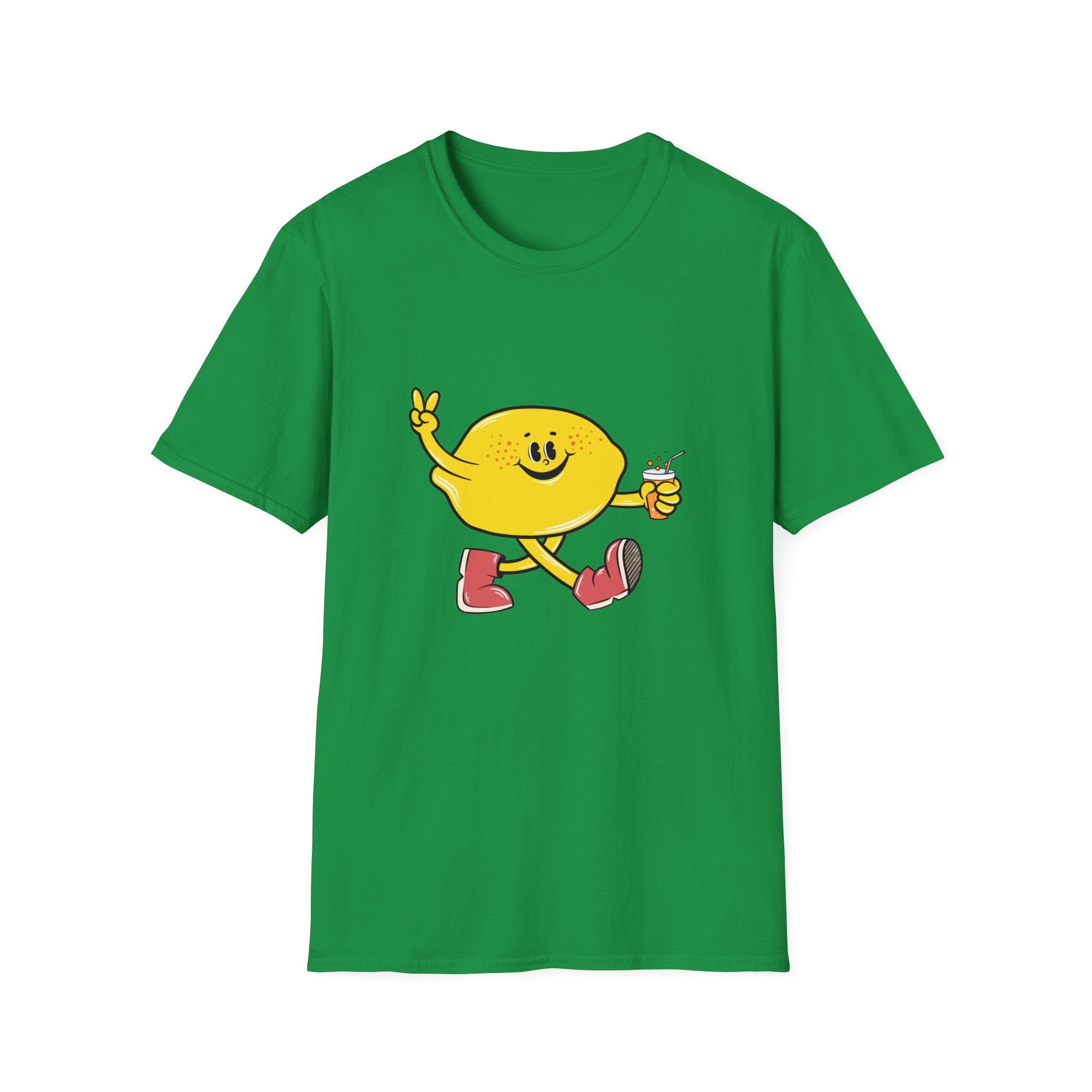 Cartoon Lemon T-shirt featuring a graphic of a smiling lemon character wearing red boots, holding a beverage, and making a peace sign.