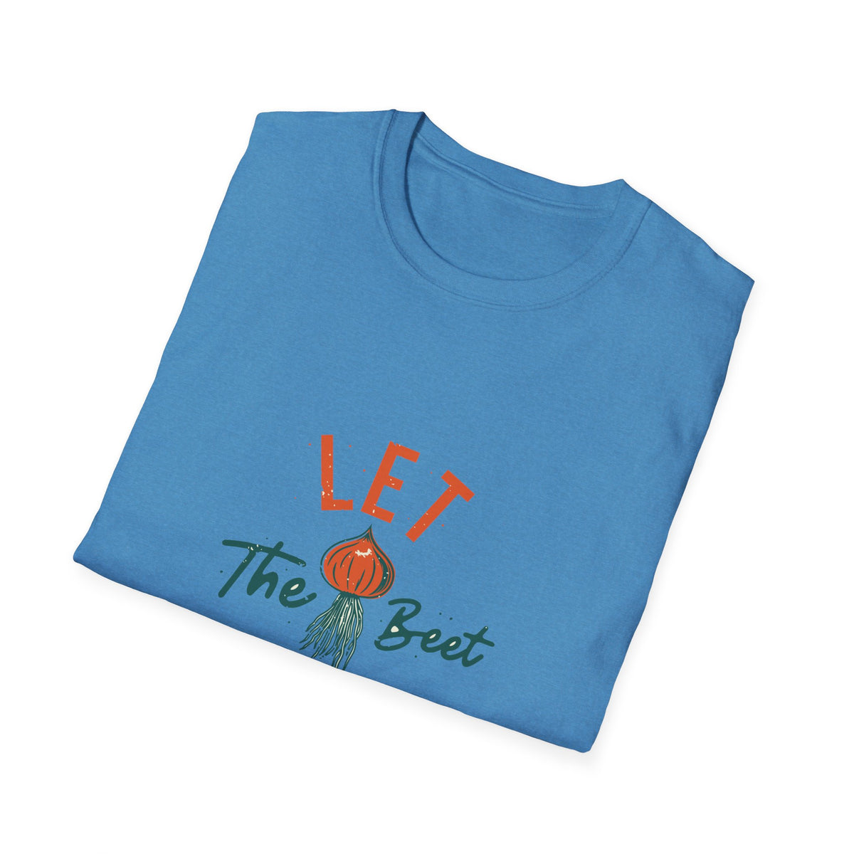 'Let the Beet Drop' beet pun print folded on blue t-shirt, funny gift idea