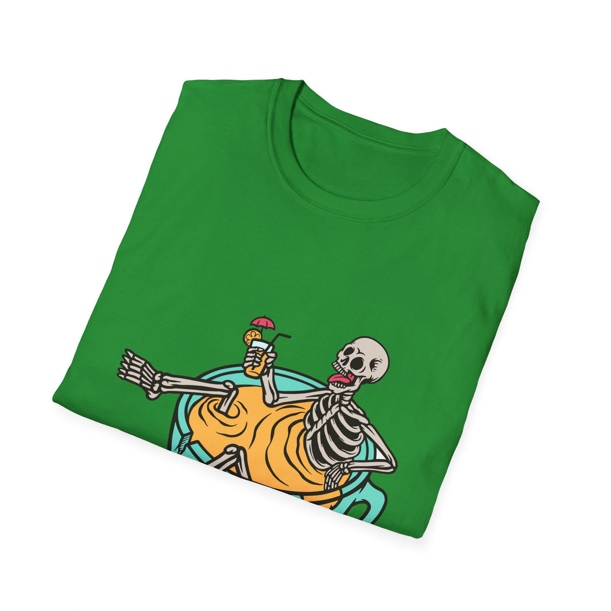 'Relaxing Skull' skeletons in a teacup print folded on green t-shirt, funny gift idea
